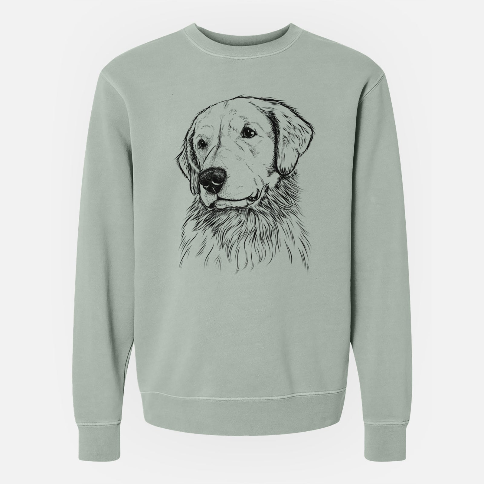 Hand-drawn sketch of Quinn the Golden Retriever on a Sage Unisex pigment dyed crew sweatshirt