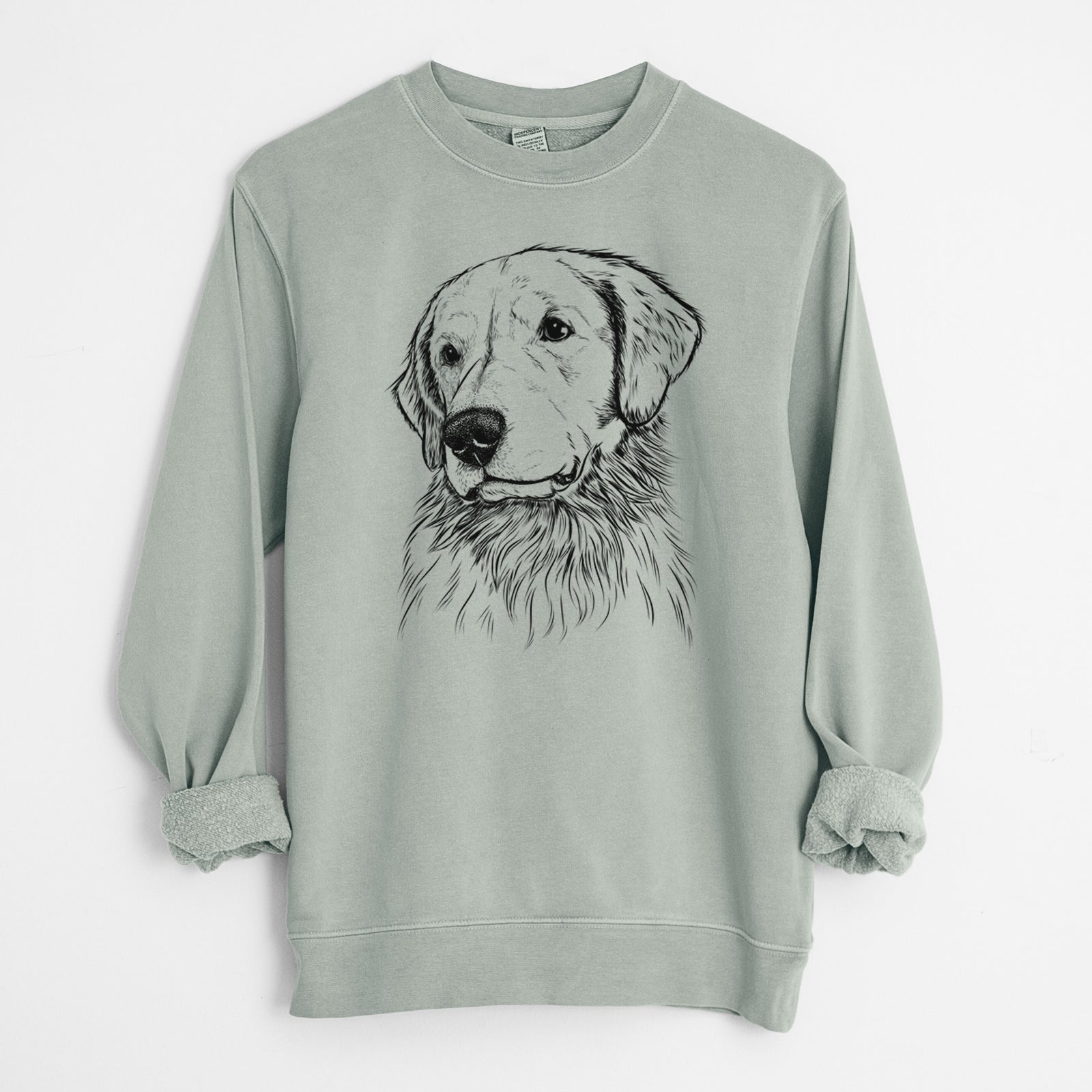 Hand-drawn sketch of Quinn the Golden Retriever on a Sage Unisex pigment dyed crew sweatshirt