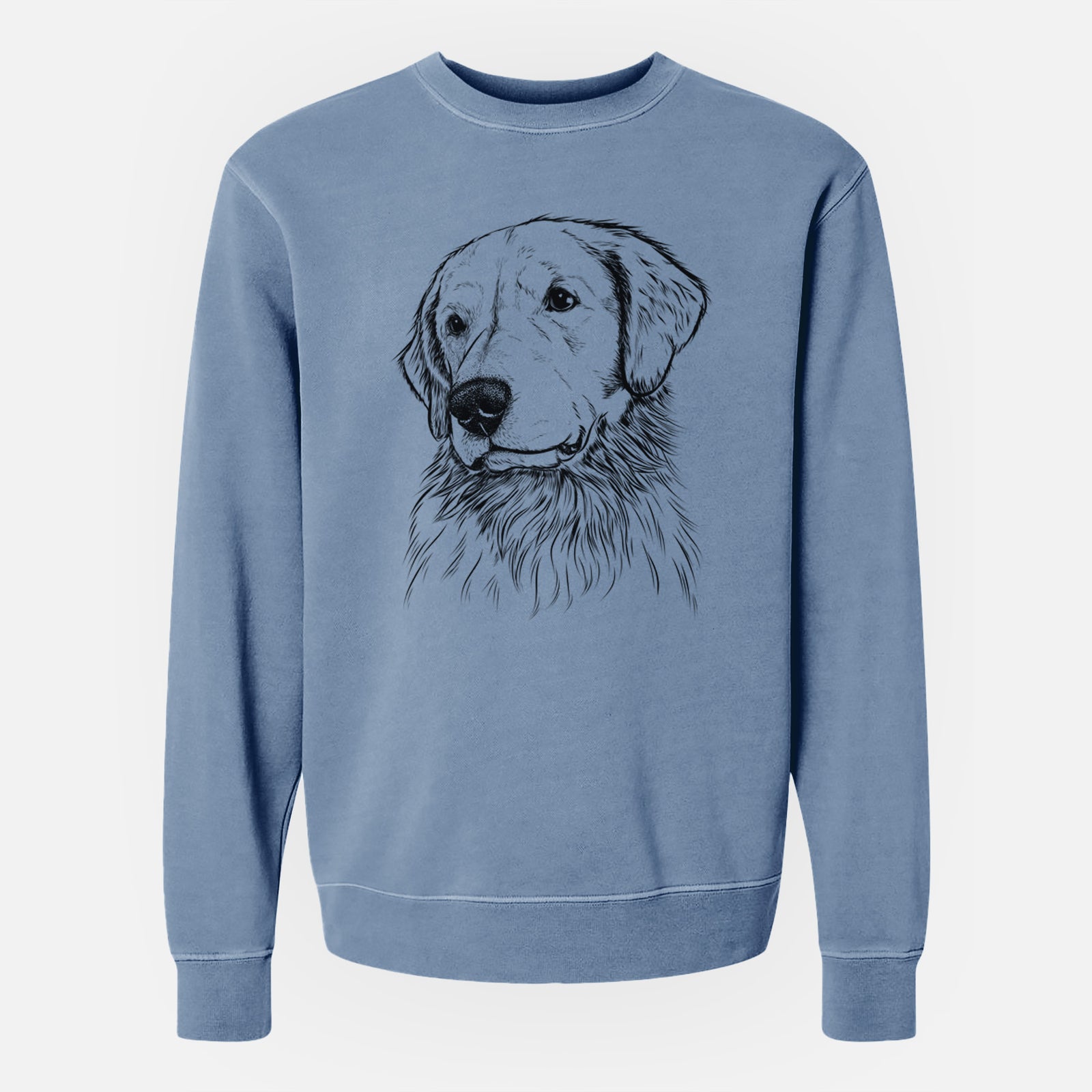 Hand-drawn sketch of Quinn the Golden Retriever on a Slate Blue Unisex pigment dyed crew sweatshirt