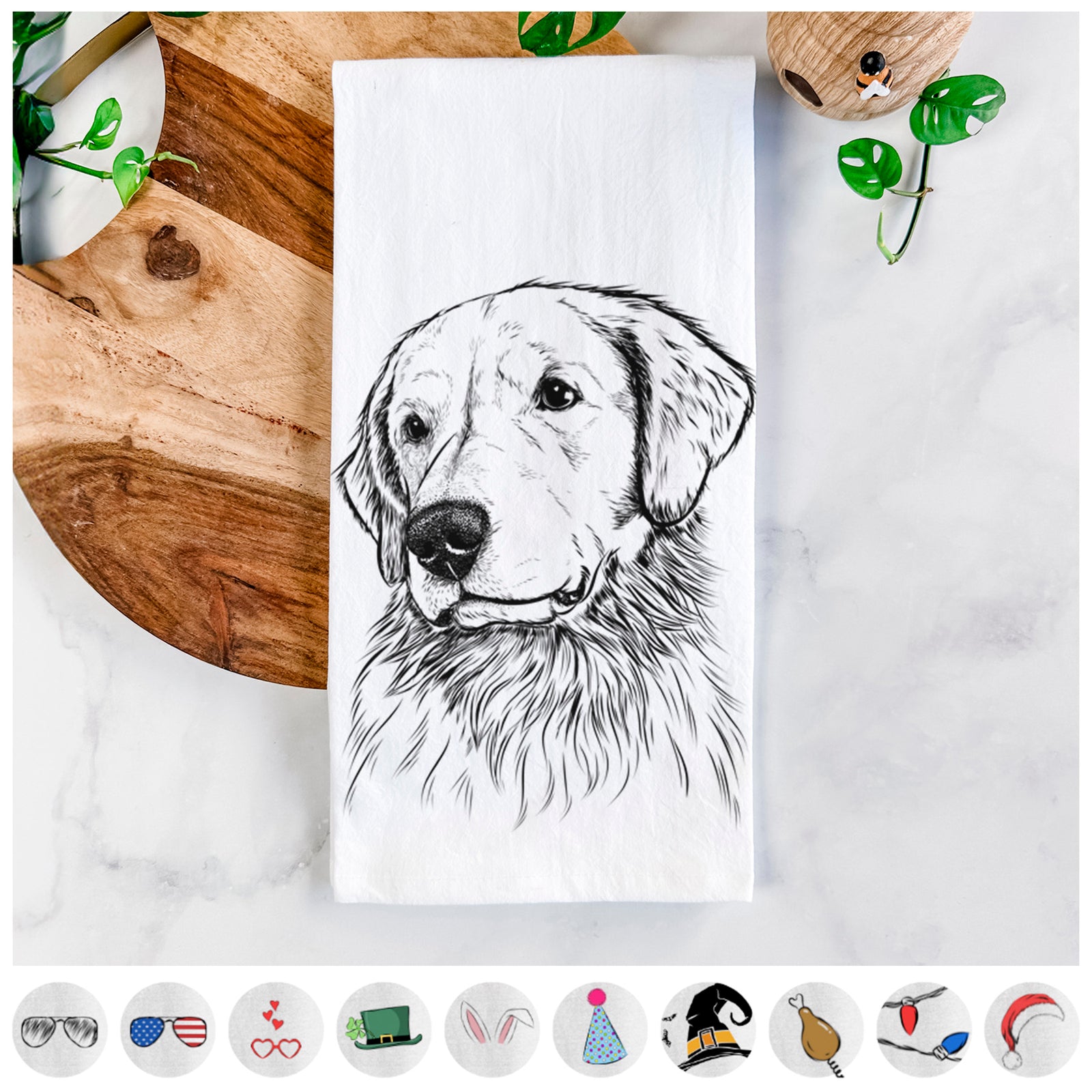 Hand-drawn sketch of Quinn the Golden Retriever on a tea towel, shown with icons of the other available costume styles