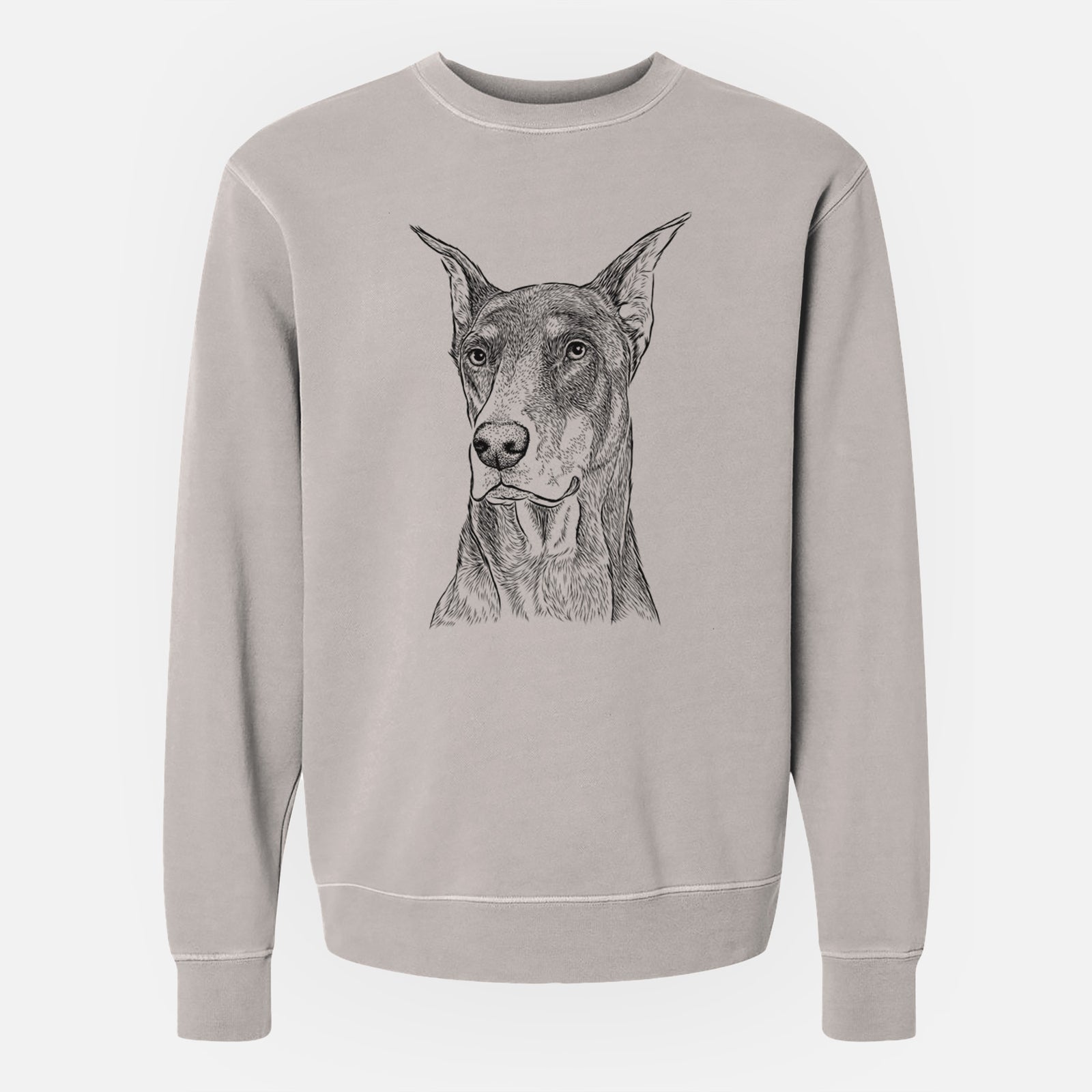 Hand-drawn sketch of RJ the Doberman Pinscher on a Cement Unisex pigment dyed crew sweatshirt