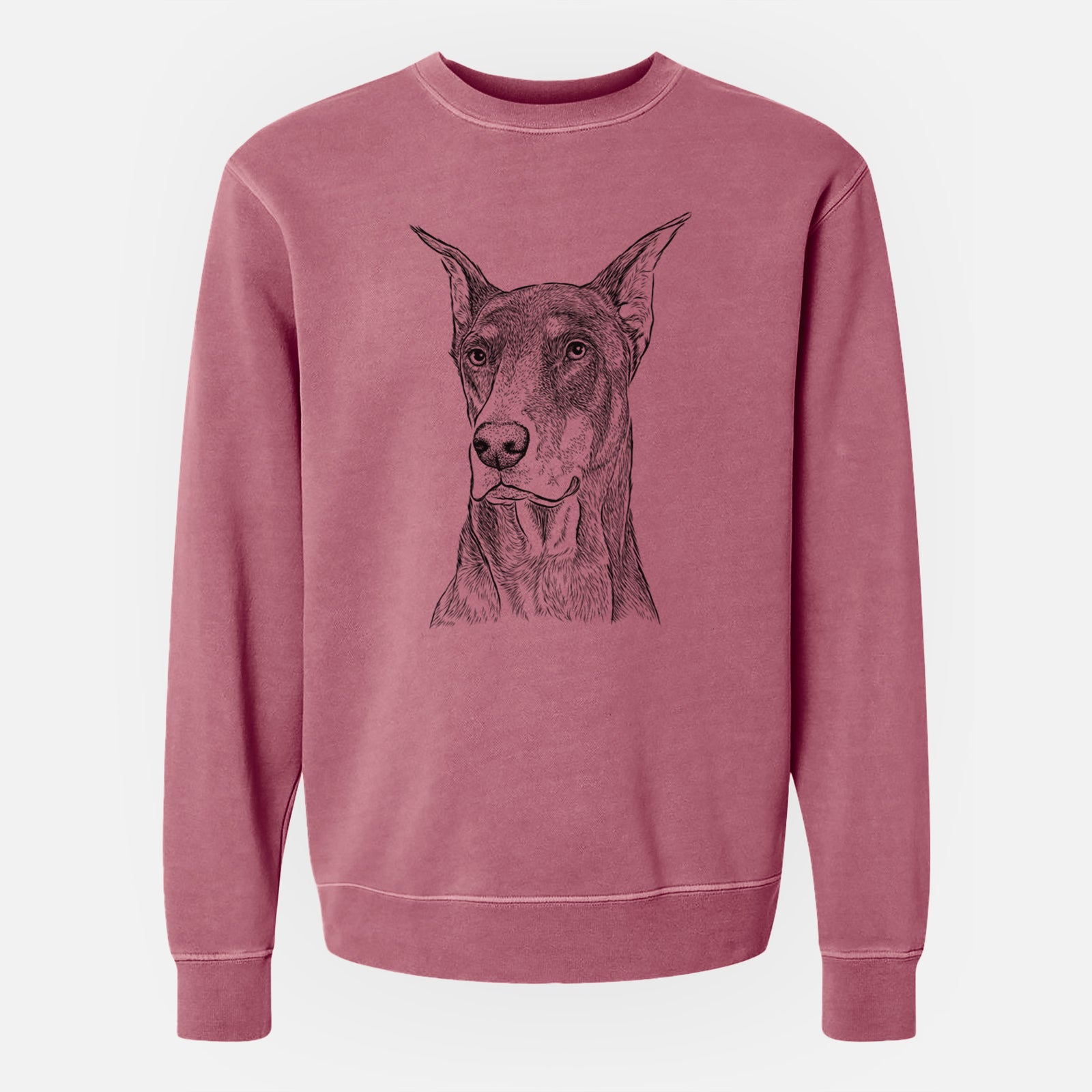 Hand-drawn sketch of RJ the Doberman Pinscher on a Maroon Unisex pigment dyed crew sweatshirt