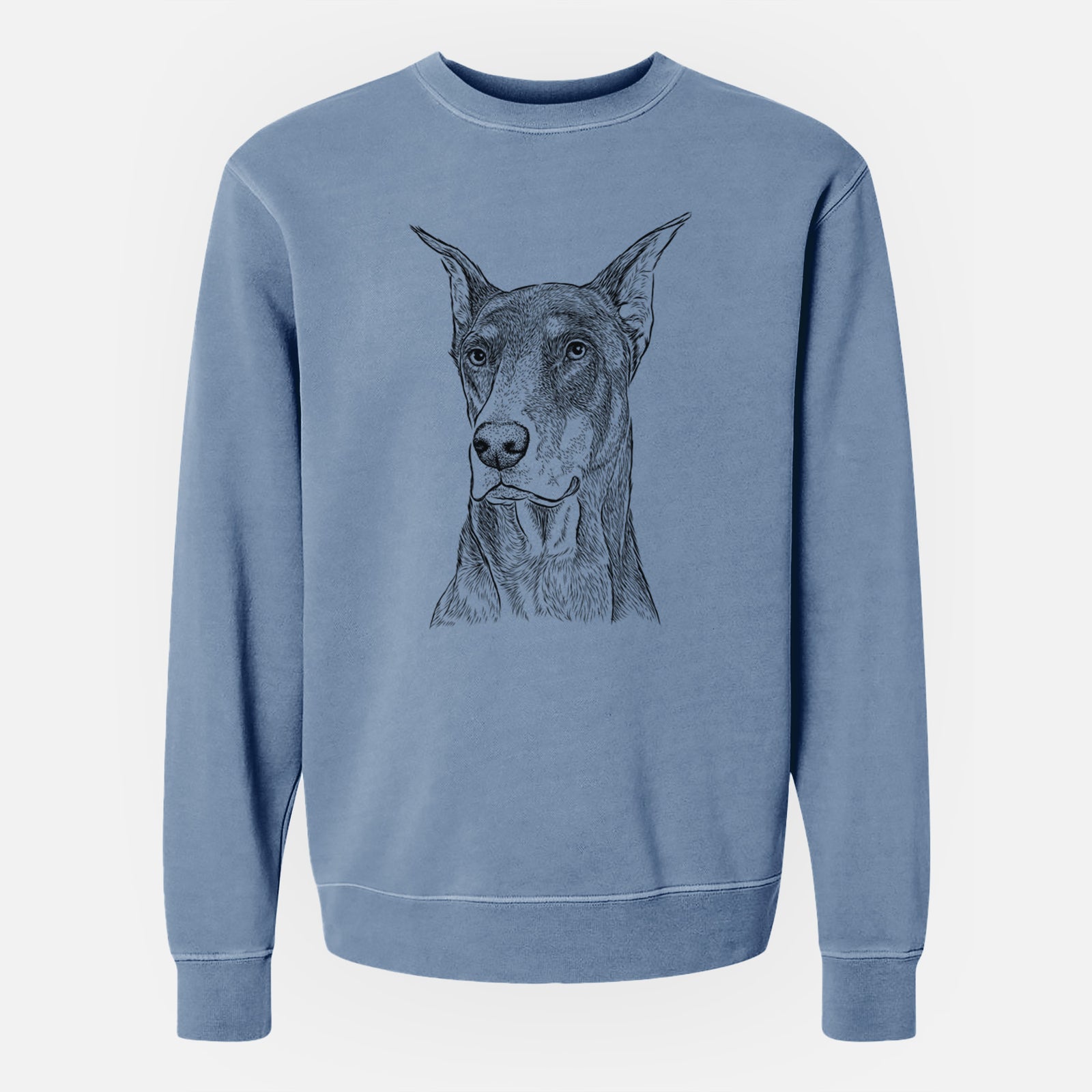 Hand-drawn sketch of RJ the Doberman Pinscher on a Slate Blue Unisex pigment dyed crew sweatshirt