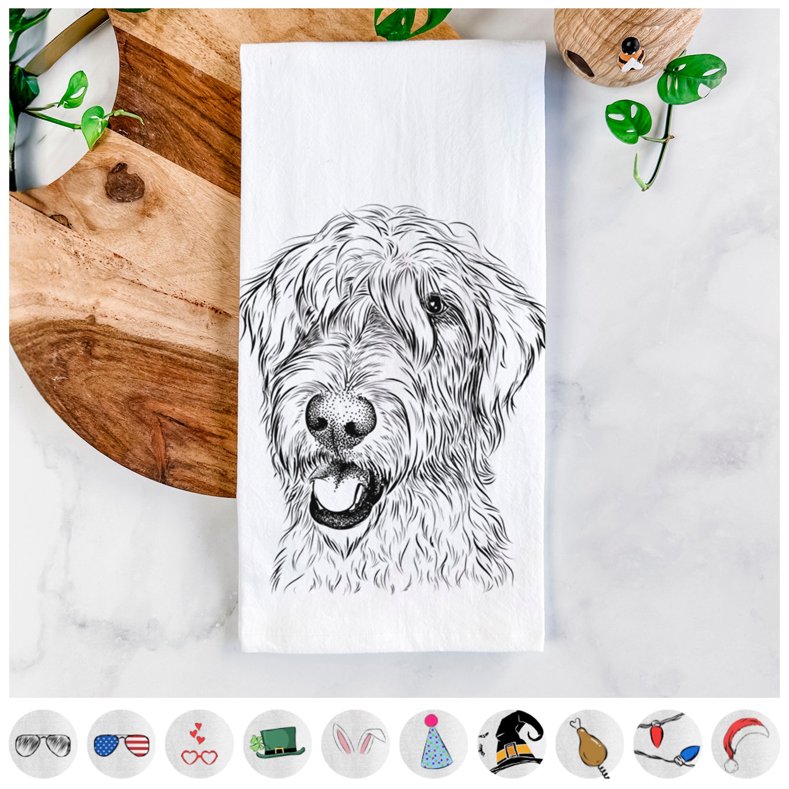 Hand-drawn sketch of Ragnar the Irish Wolfhound on a tea towel, shown with icons of the other available costume styles