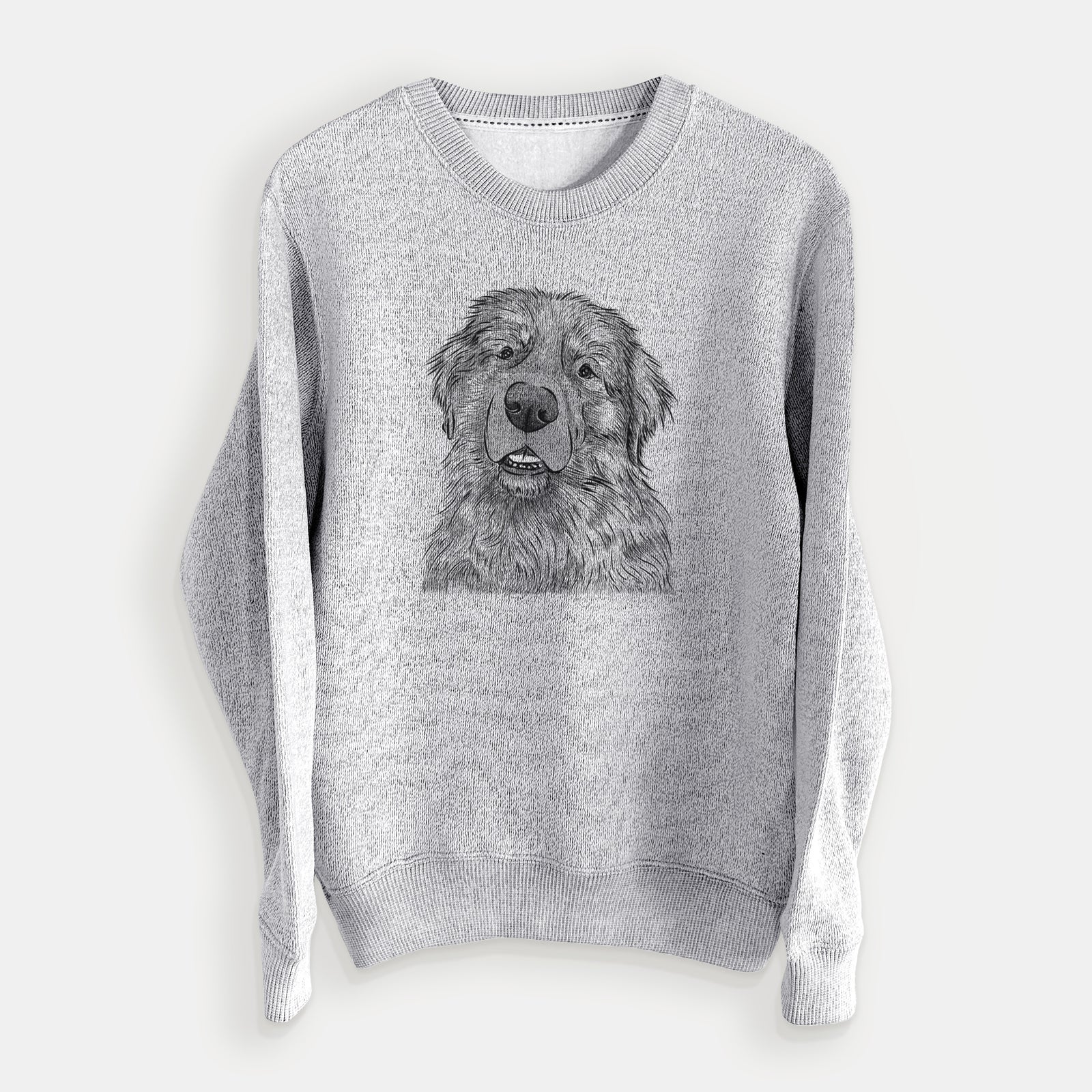 Hand-drawn sketch of Ralph the Leonberger on a Salt Pepper knit sweatshirt