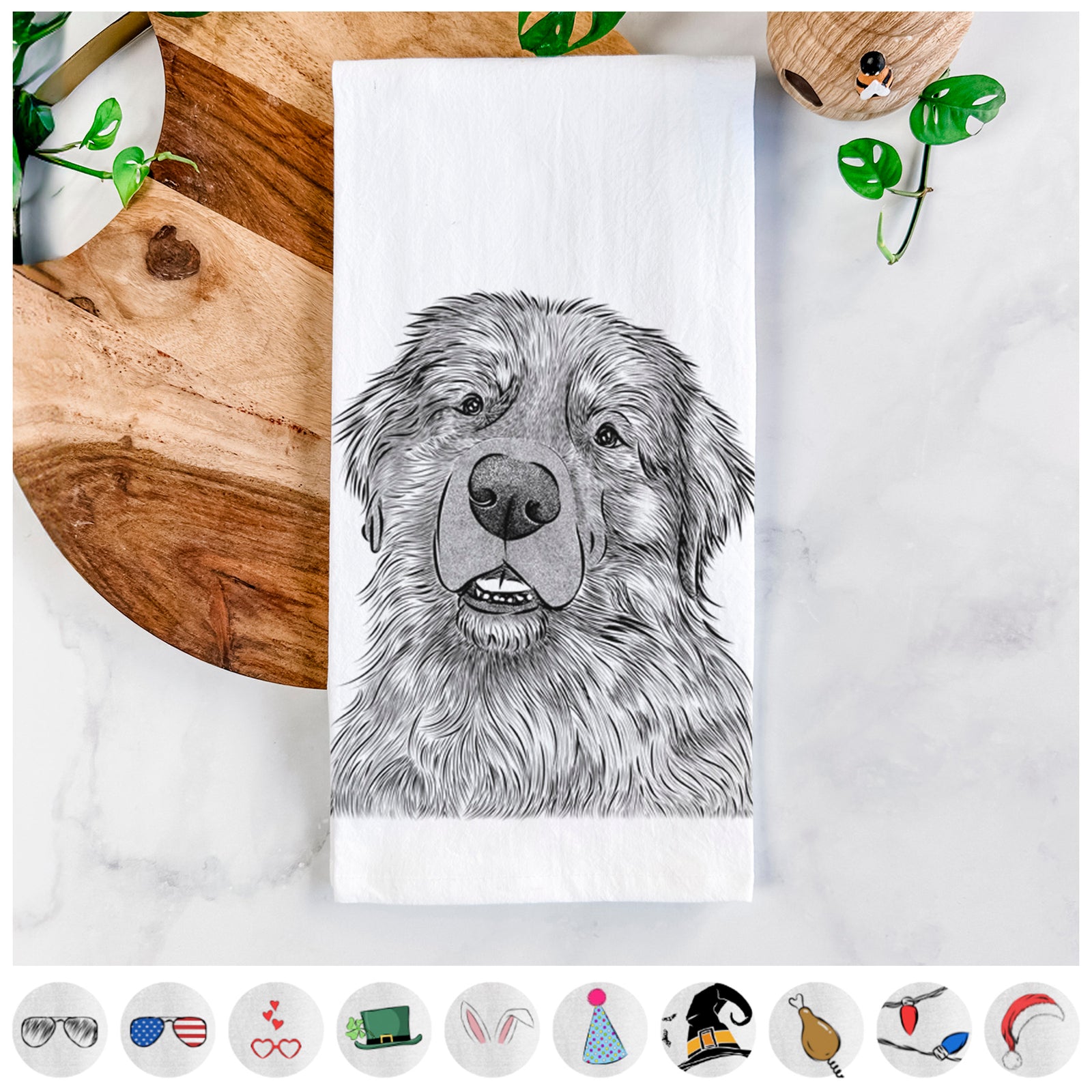 Hand-drawn sketch of Ralph the Leonberger on a tea towel, shown with icons of the other available costume styles