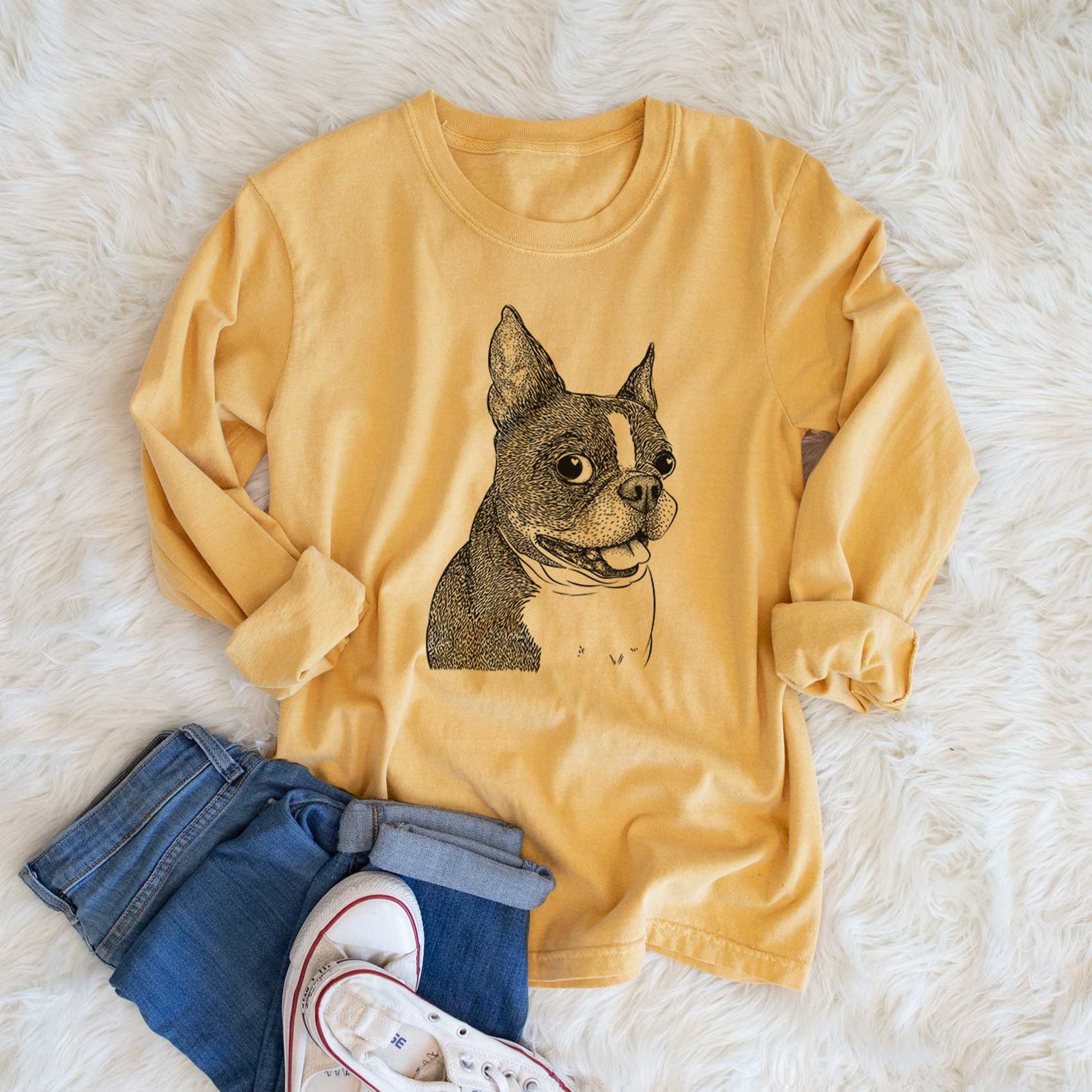 Bare Ralphie the Boston Terrier - Men's Heavyweight 100% Cotton Long Sleeve