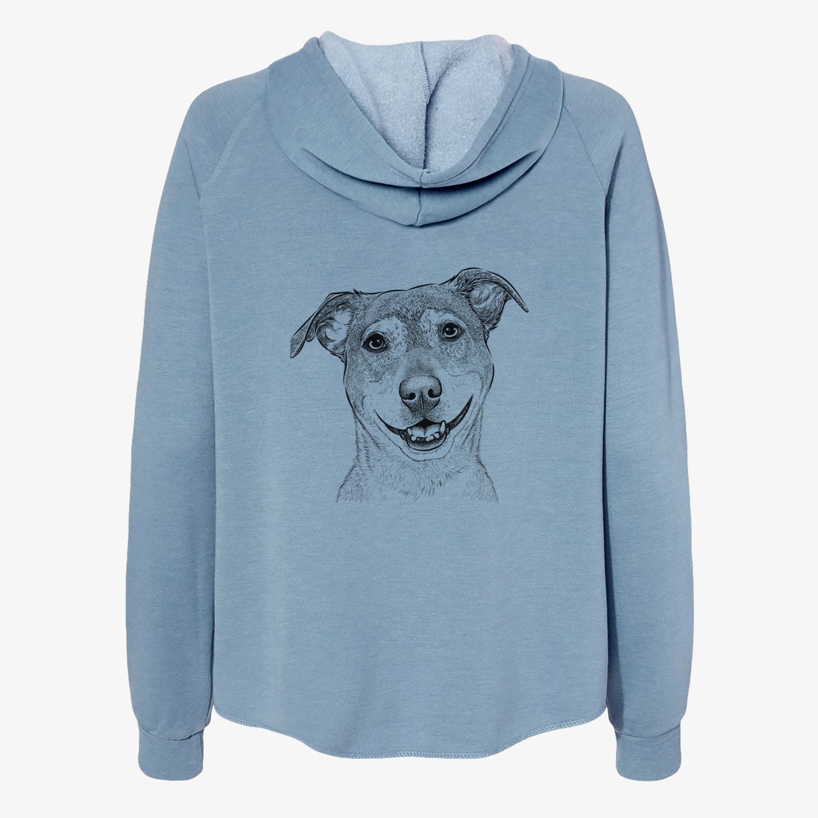Hand-drawn sketch of Reese the Mountain Cur on a Misty Blue Women's cali wave zip-up sweatshirt