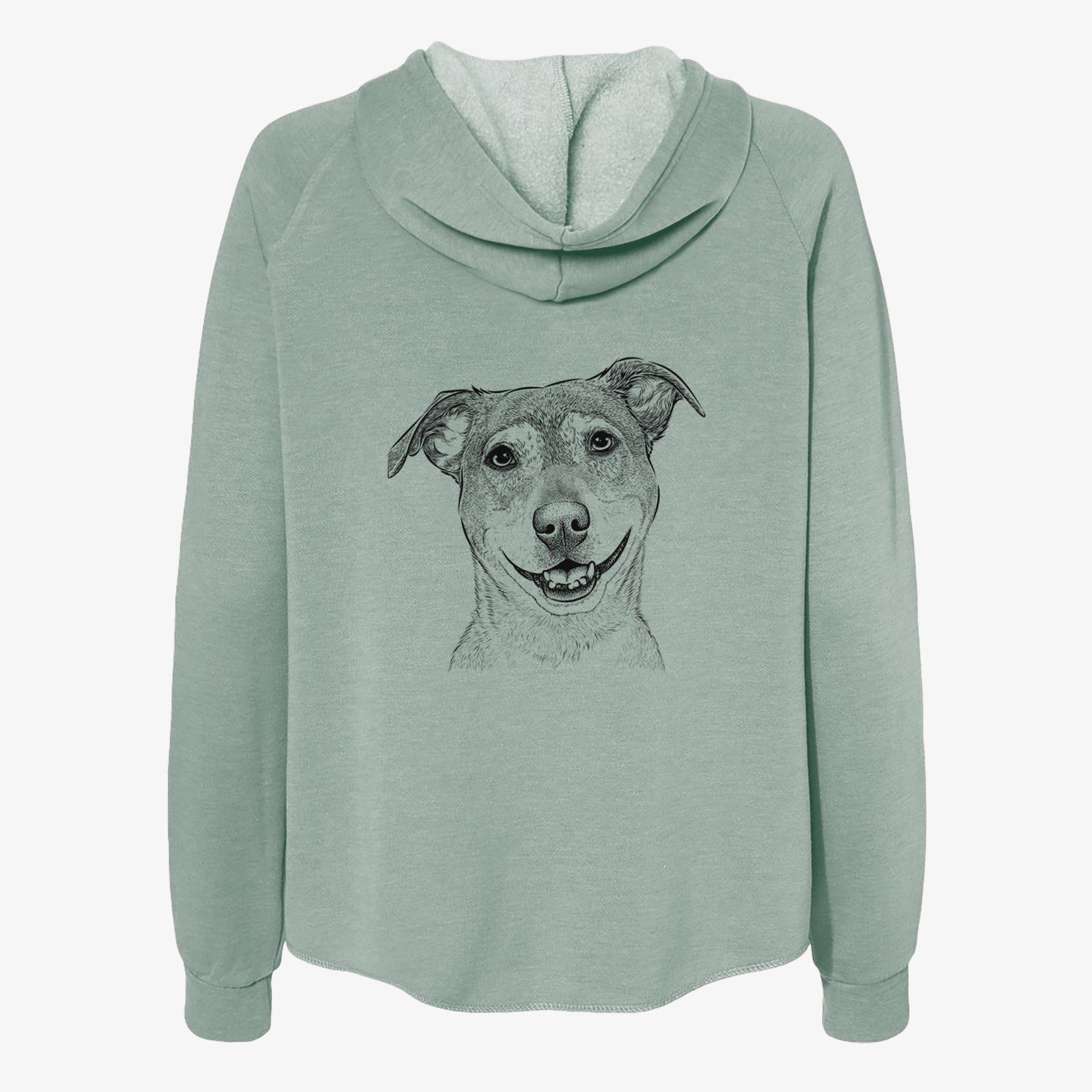 Hand-drawn sketch of Reese the Mountain Cur on a Sage Women's cali wave zip-up sweatshirt
