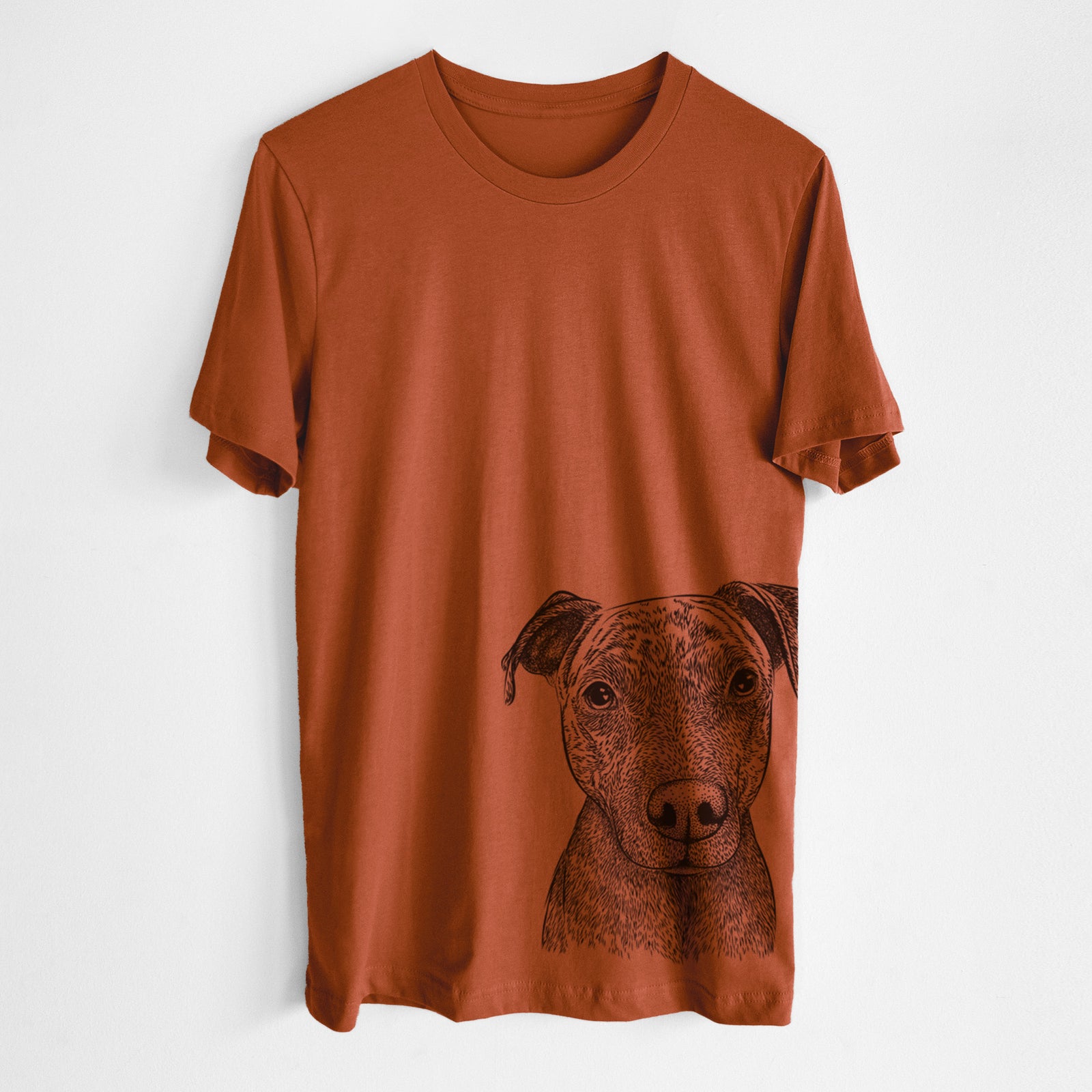 Hand-drawn sketch of Reeses the Pitbull on an Autumn Unisex crewneck, worn by a man