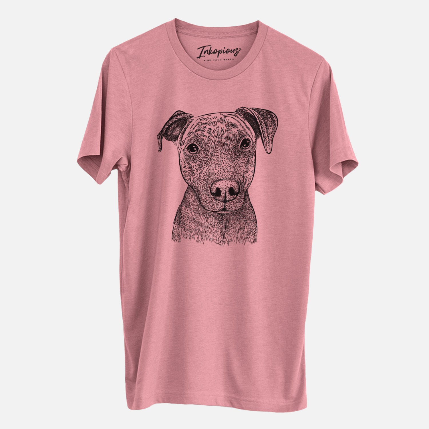 Hand-drawn sketch of Reeses the Pitbull on a Mauve Unisex crewneck, worn by a man