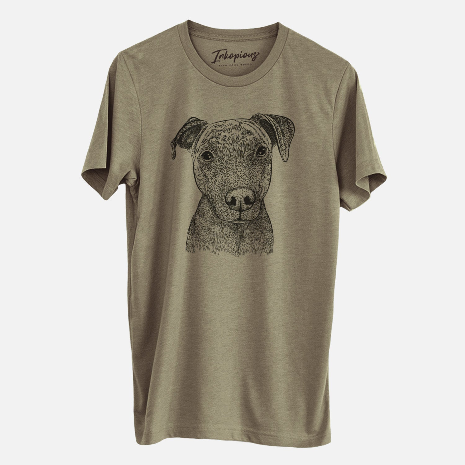 Hand-drawn sketch of Reeses the Pitbull on an Olive Unisex crewneck, worn by a man