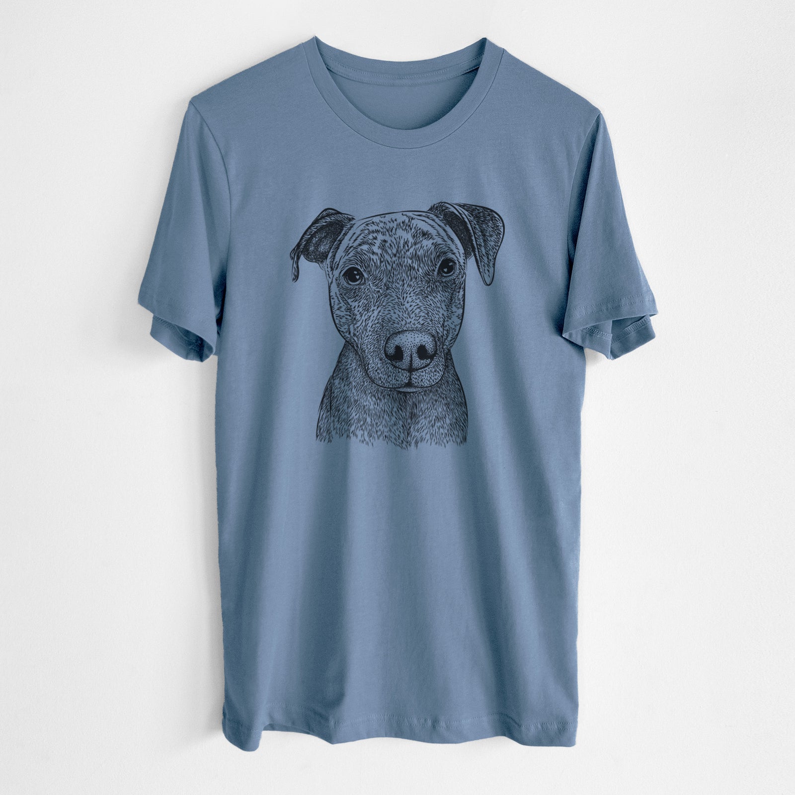 Hand-drawn sketch of Reeses the Pitbull on a Steel Blue Unisex crewneck, worn by a man