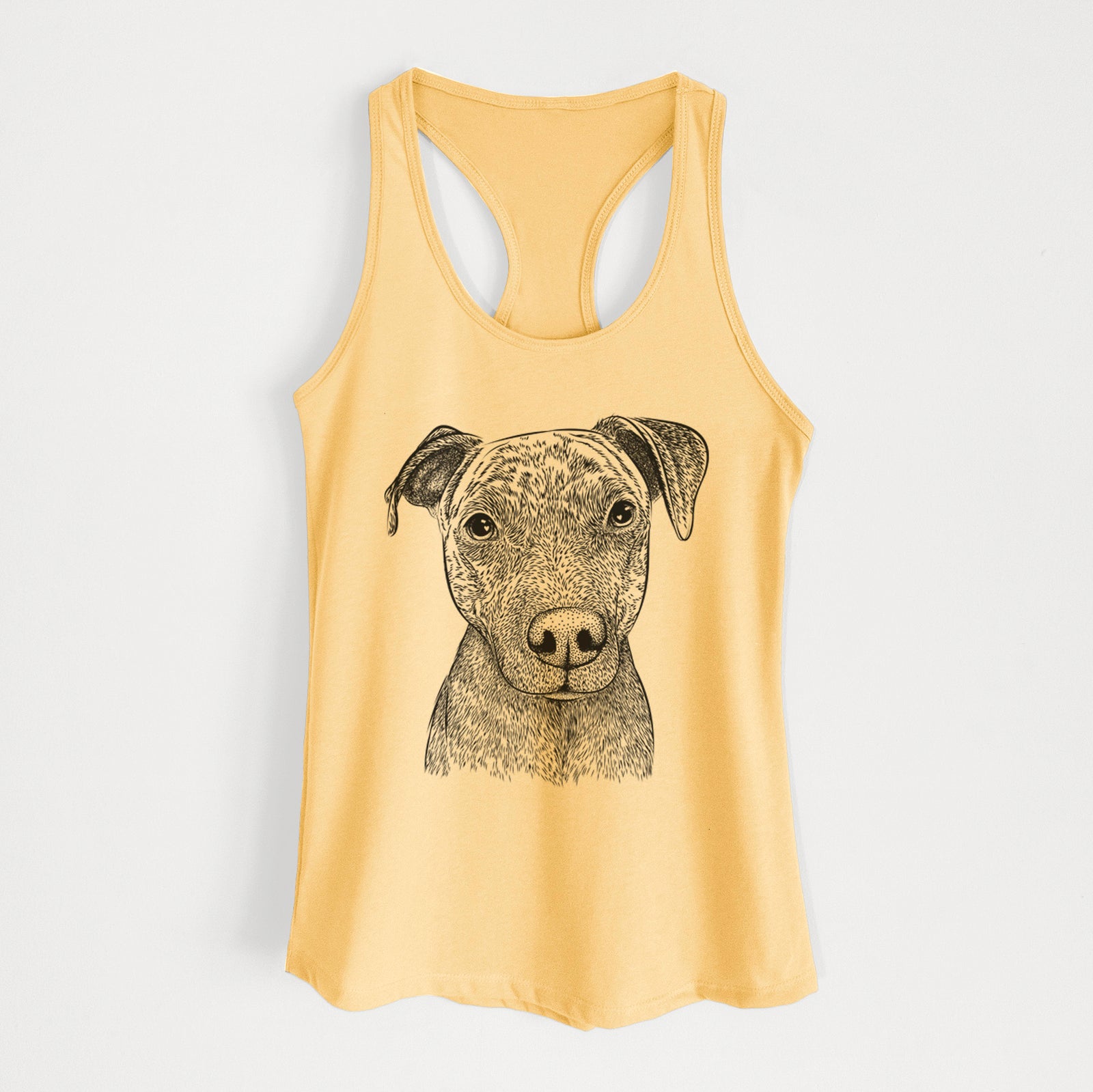 Hand-drawn sketch of Reeses the Pitbull on a Banana Cream Women's racerback tanktop