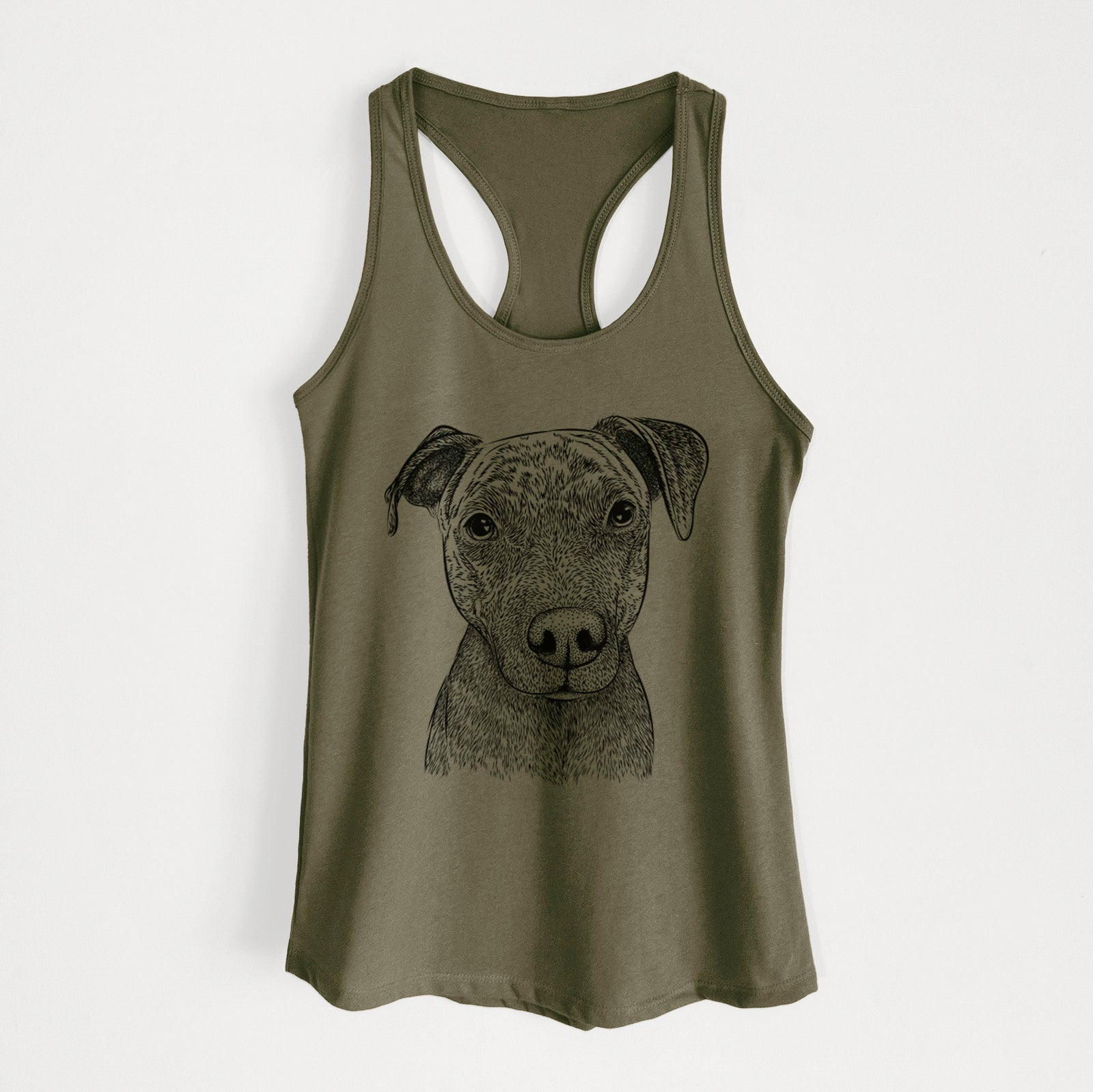 Hand-drawn sketch of Reeses the Pitbull on a Military Green Women's racerback tanktop