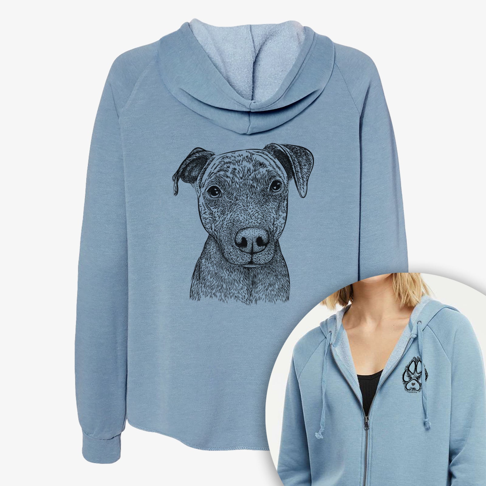 Hand-drawn sketch of Reeses the Pitbull on a Women's cali wave zip-up sweatshirt, shown with icons of the other available costume styles