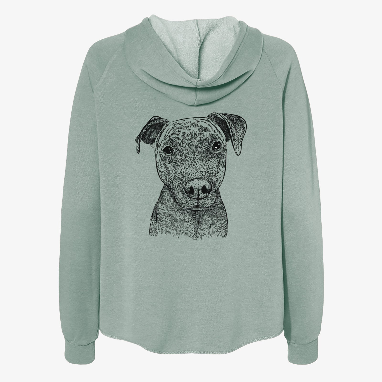 Hand-drawn sketch of Reeses the Pitbull on a Sage Women's cali wave zip-up sweatshirt