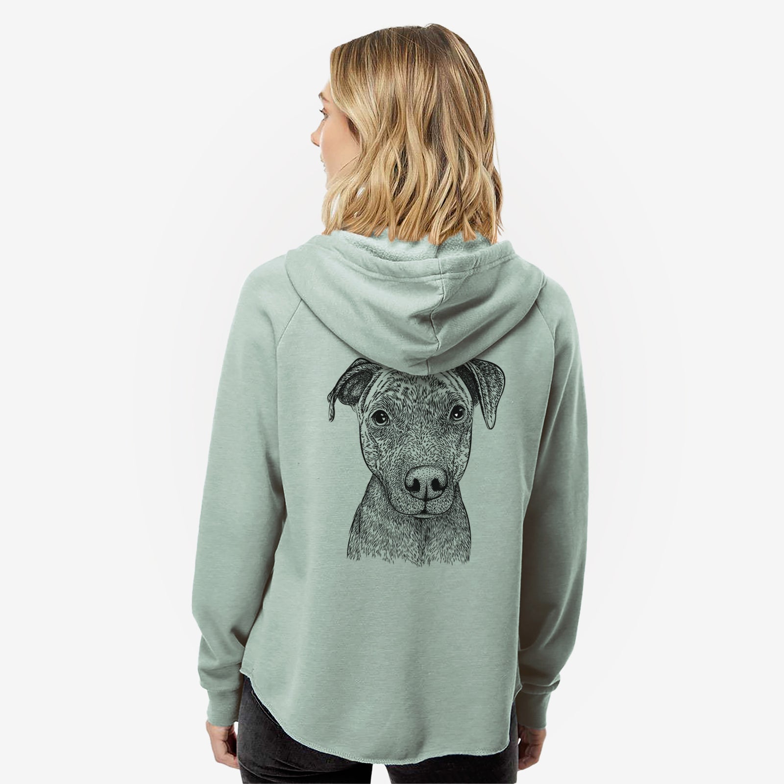 Hand-drawn sketch of Reeses the Pitbull on a Sage Women's cali wave zip-up sweatshirt