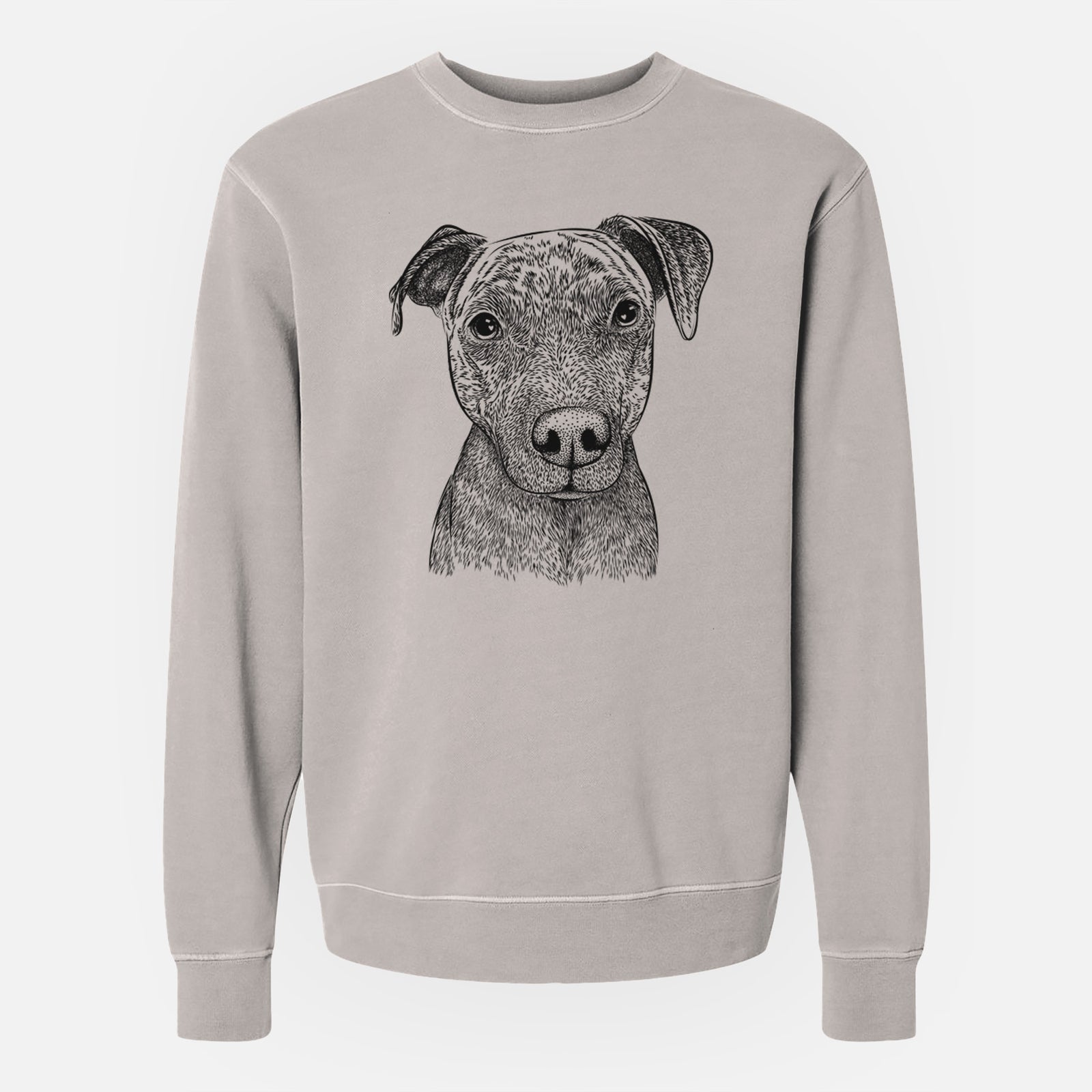 Hand-drawn sketch of Reeses the Pitbull on a Cement Unisex pigment dyed crew sweatshirt