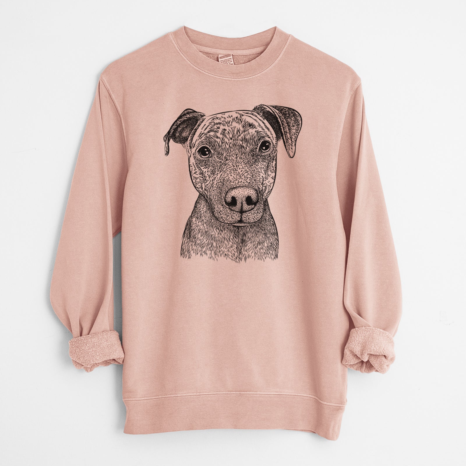 Hand-drawn sketch of Reeses the Pitbull on a Dusty Pink Unisex pigment dyed crew sweatshirt