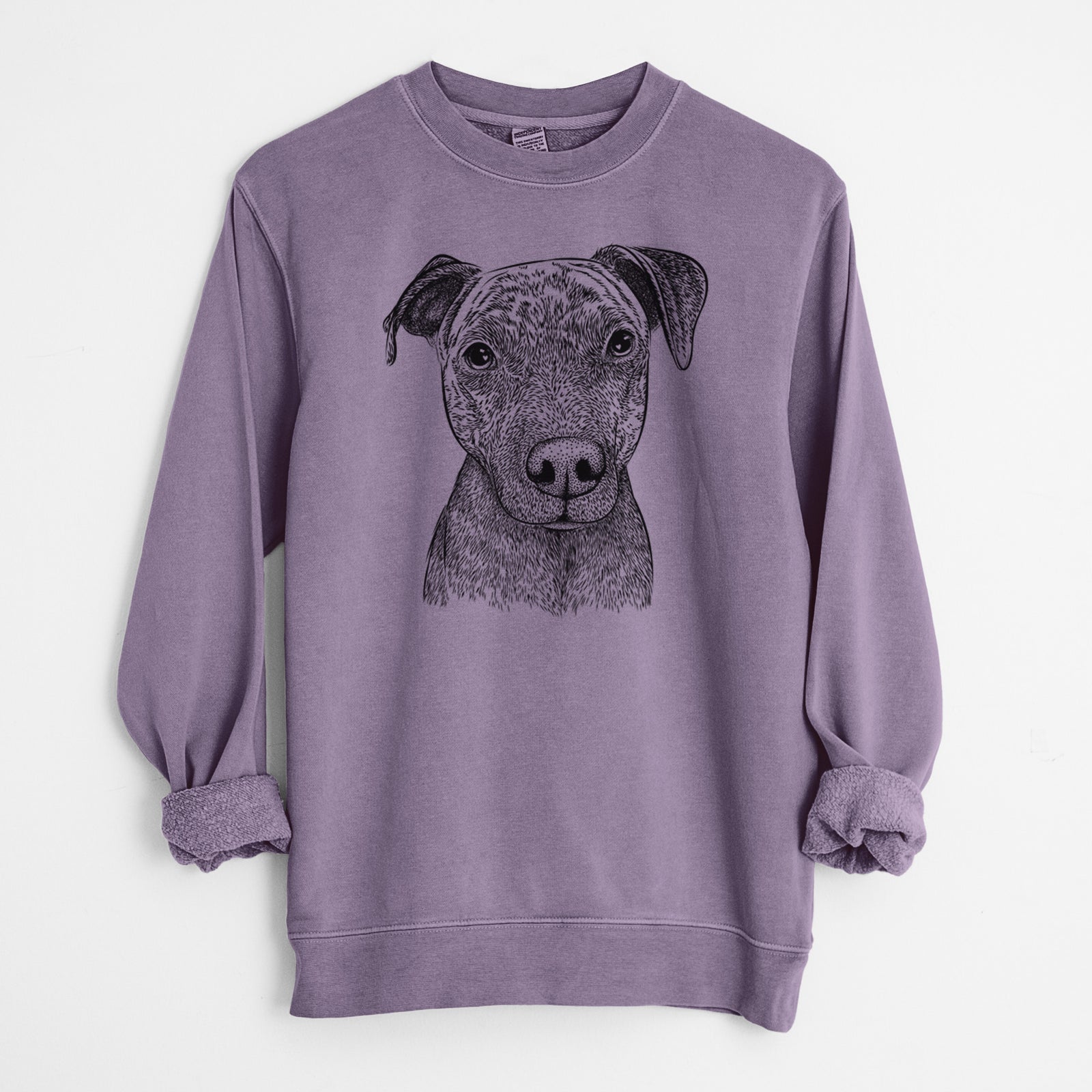 Hand-drawn sketch of Reeses the Pitbull on a Plum Unisex pigment dyed crew sweatshirt