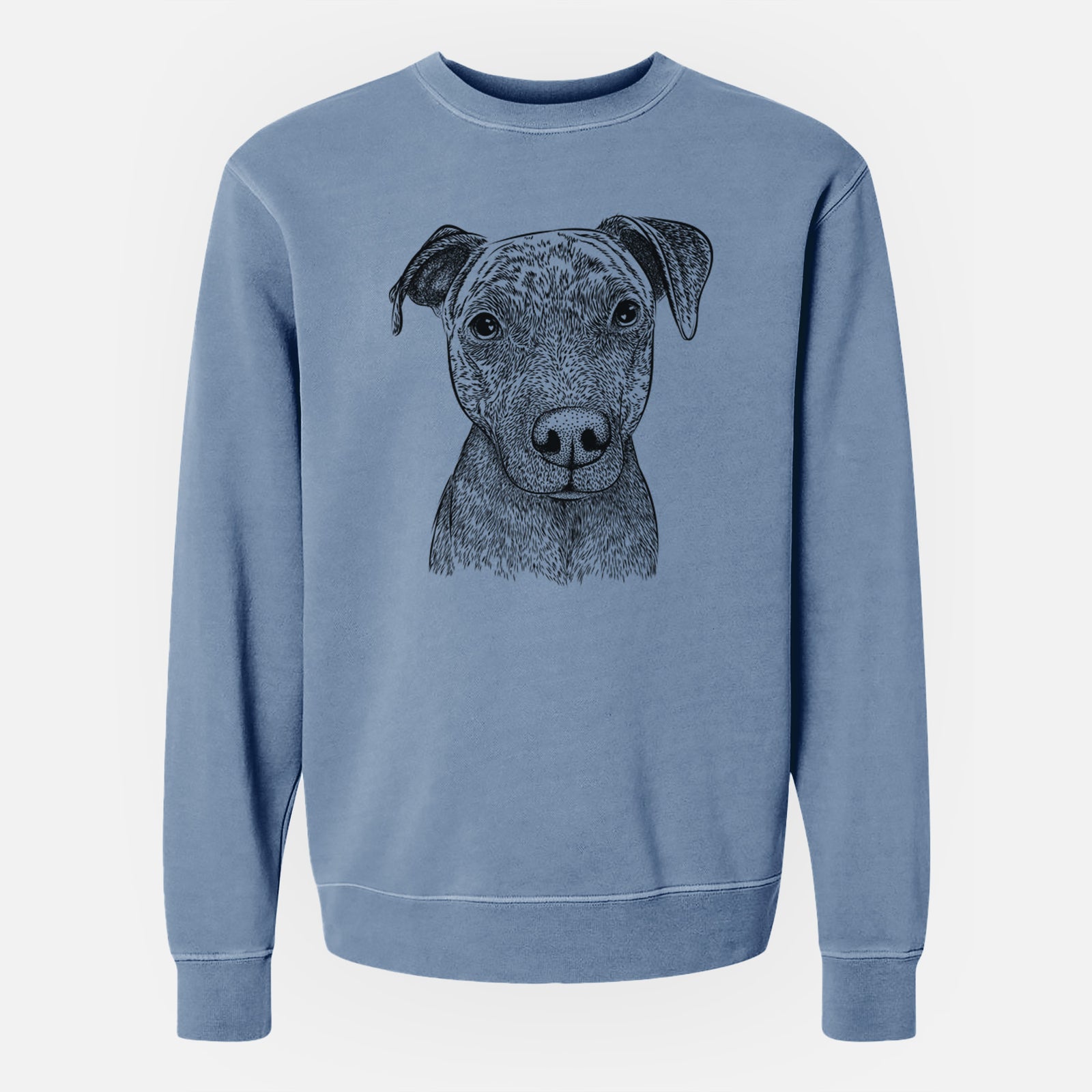 Hand-drawn sketch of Reeses the Pitbull on a Slate Blue Unisex pigment dyed crew sweatshirt