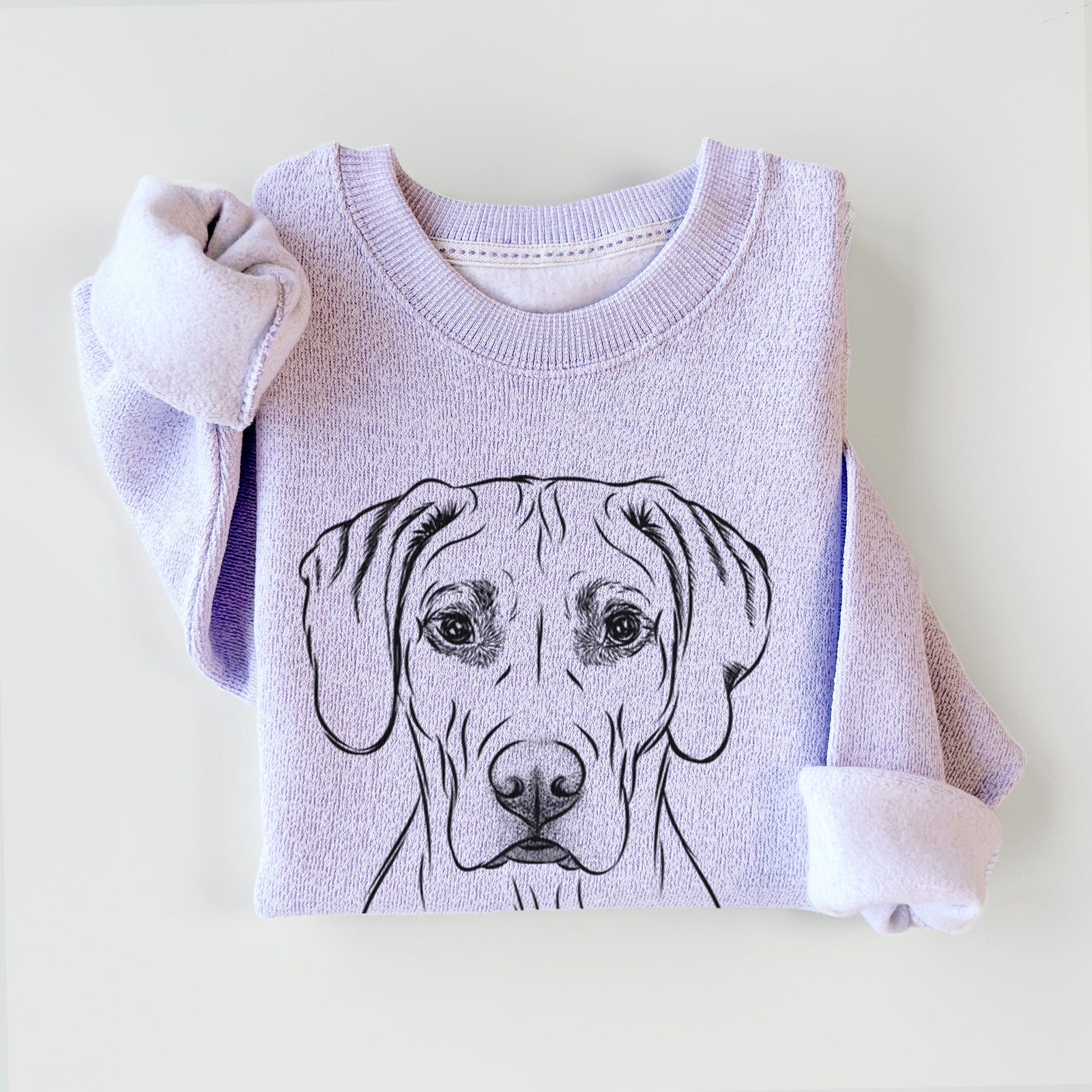 Hand-drawn sketch of Reid the Rhodesian Ridgeback on an Ice Purple knit sweatshirt
