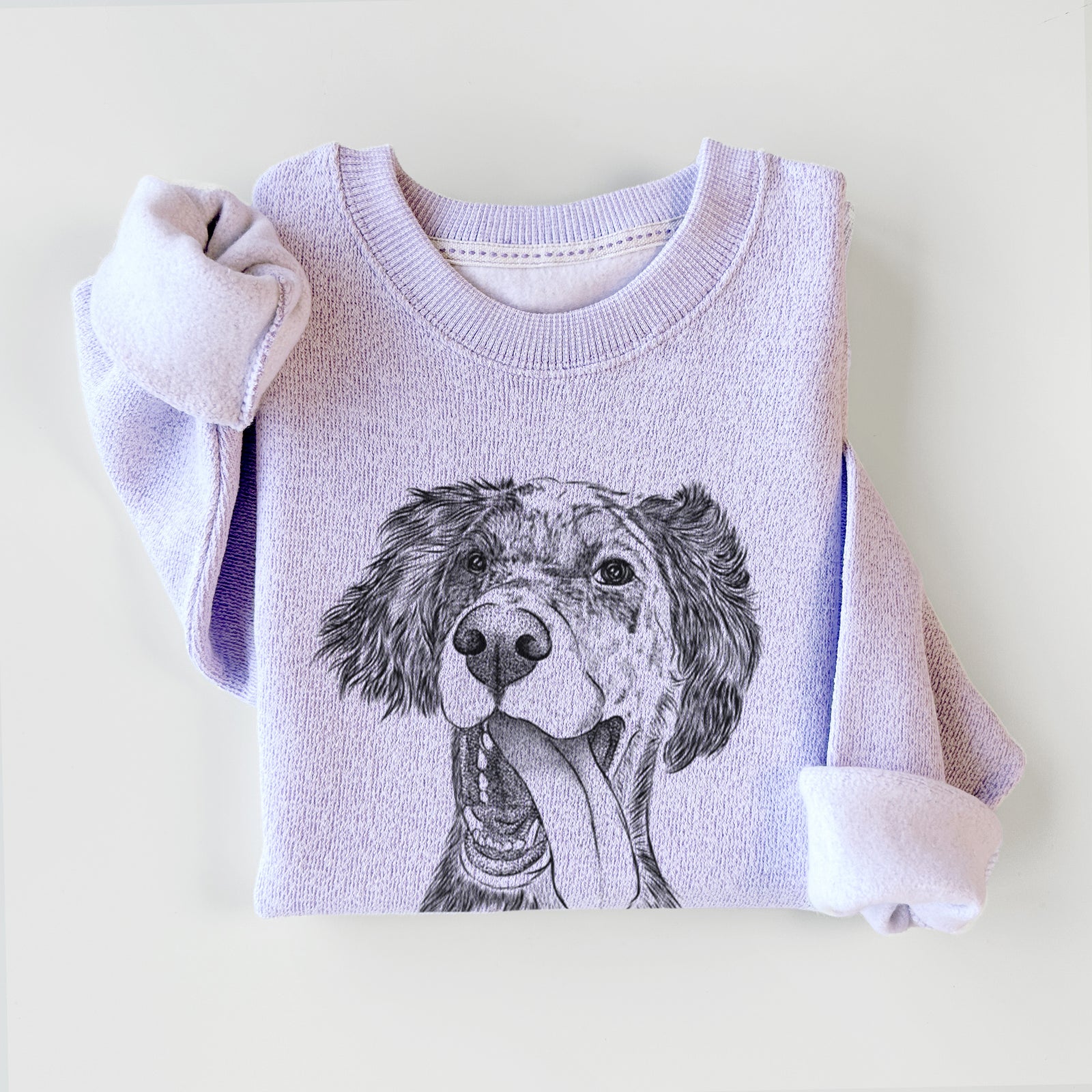 Hand-drawn sketch of Renly the English Setter on an Ice Purple knit sweatshirt