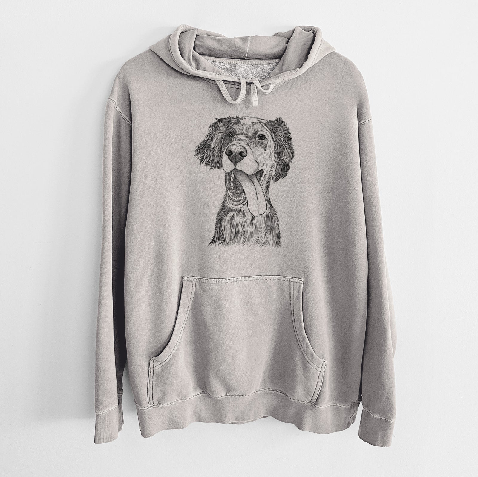 Hand-drawn sketch of Renly the English Setter on a Cement Unisex pigment dyed hoodie