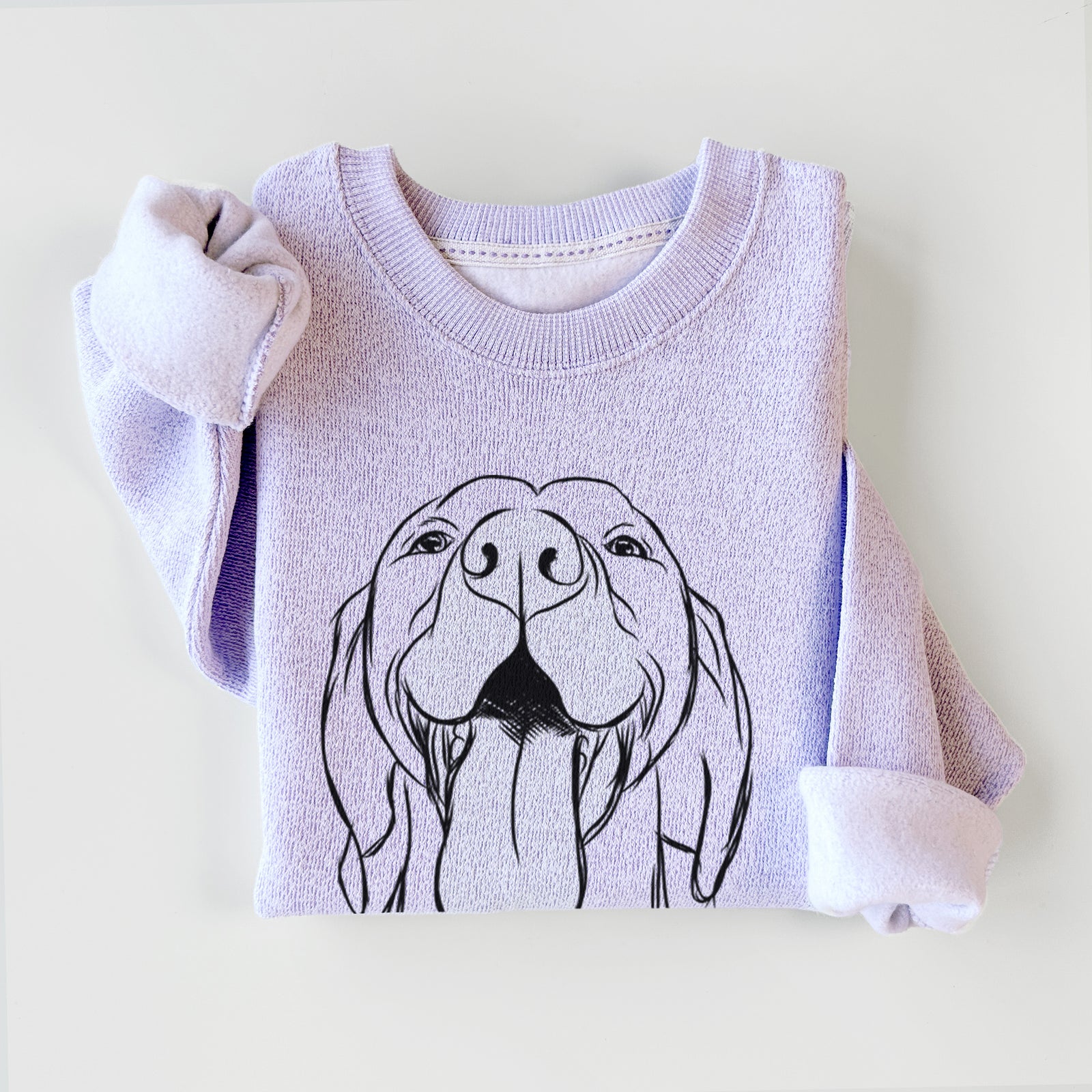 Hand-drawn sketch of Rhys the Vizsla on an Ice Purple knit sweatshirt