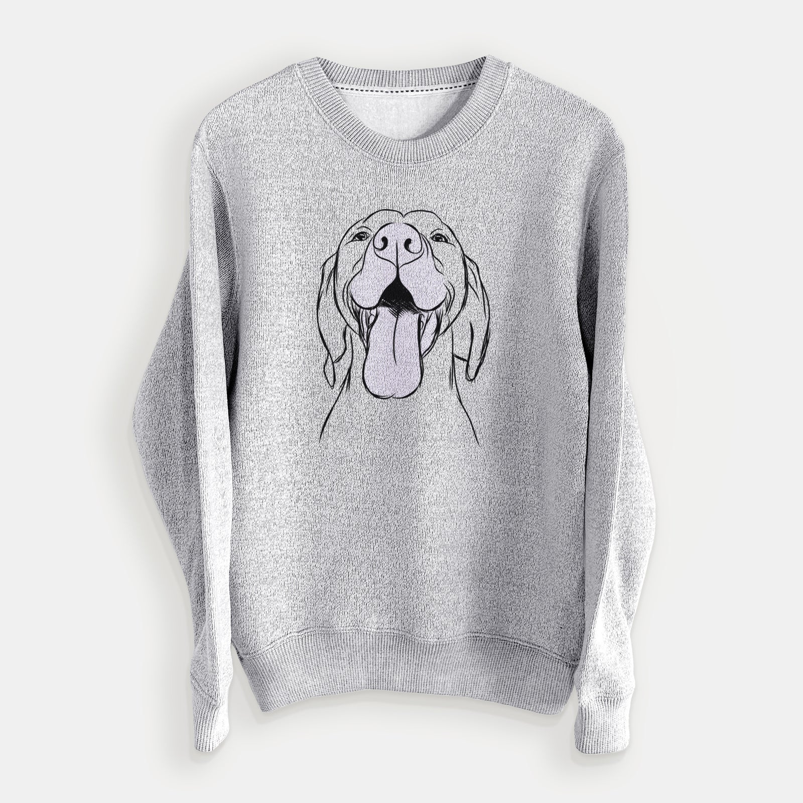 Hand-drawn sketch of Rhys the Vizsla on a Salt Pepper knit sweatshirt