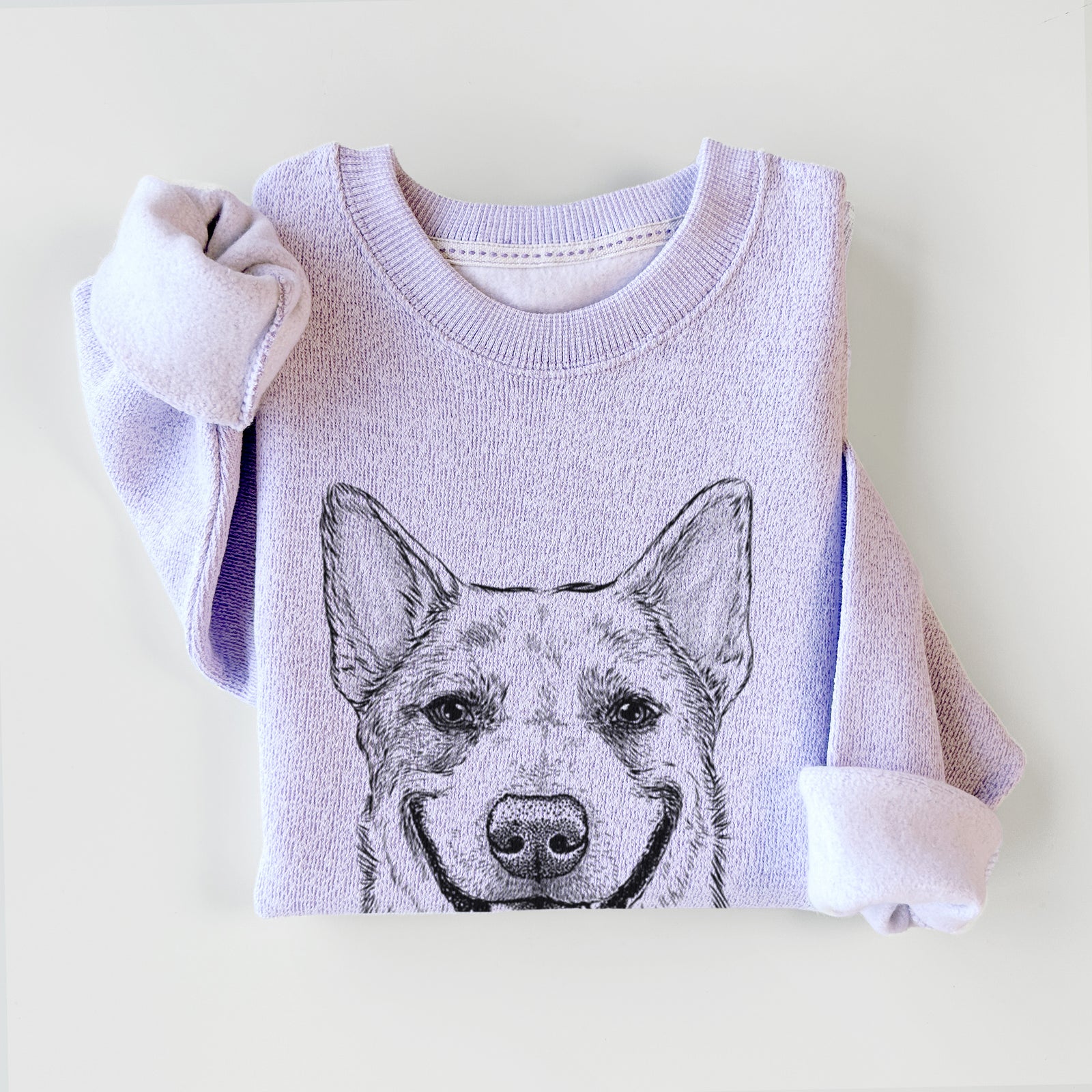 Hand-drawn sketch of Rio the Australian Cattle Dog on an Ice Purple knit sweatshirt
