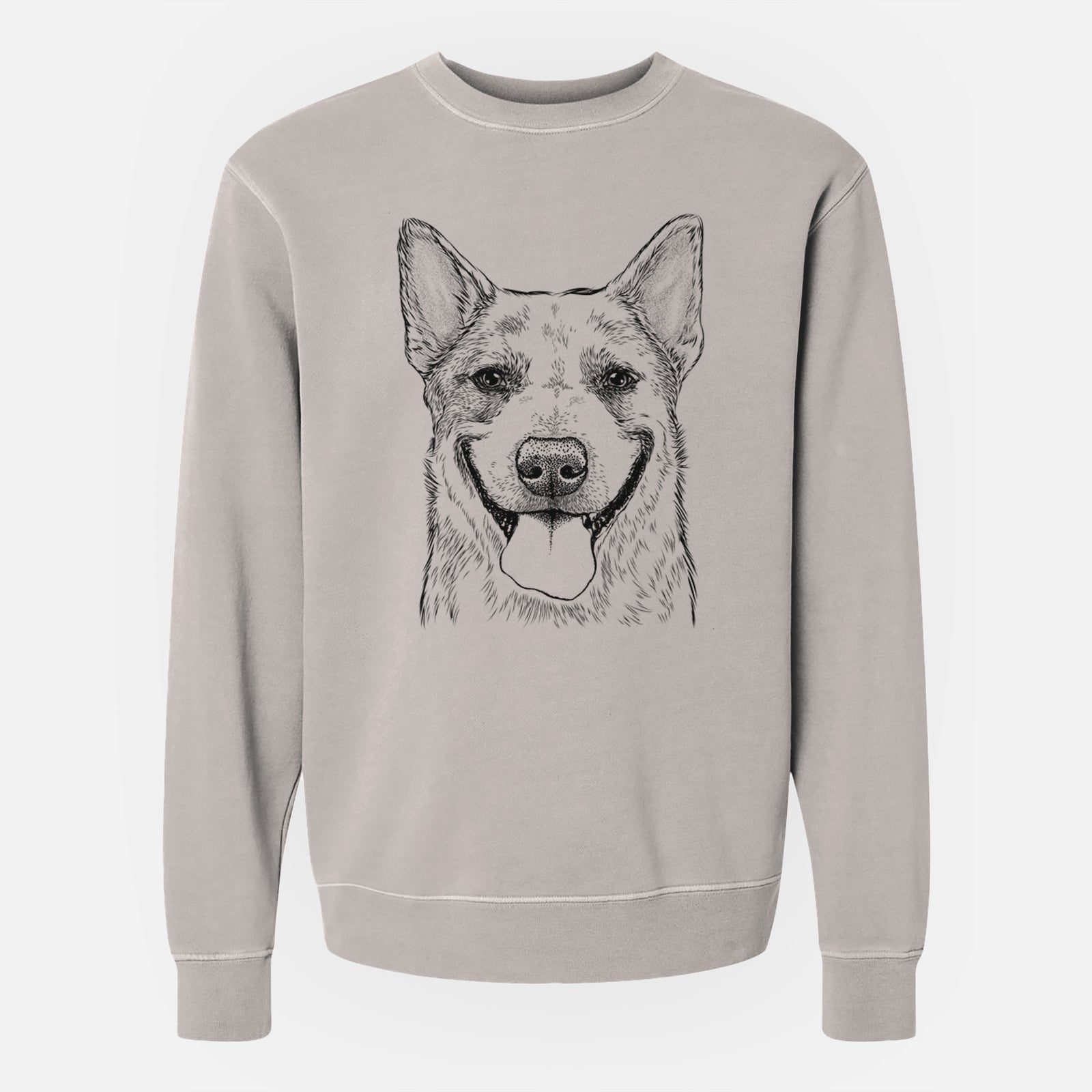 Hand-drawn sketch of Rio the Australian Cattle Dog on a Cement Unisex pigment dyed crew sweatshirt