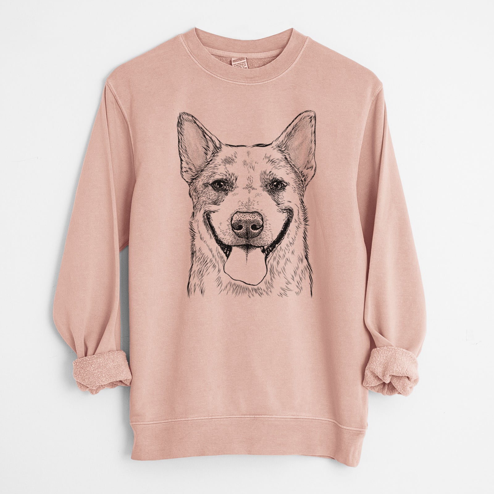 Hand-drawn sketch of Rio the Australian Cattle Dog on a Dusty Pink Unisex pigment dyed crew sweatshirt