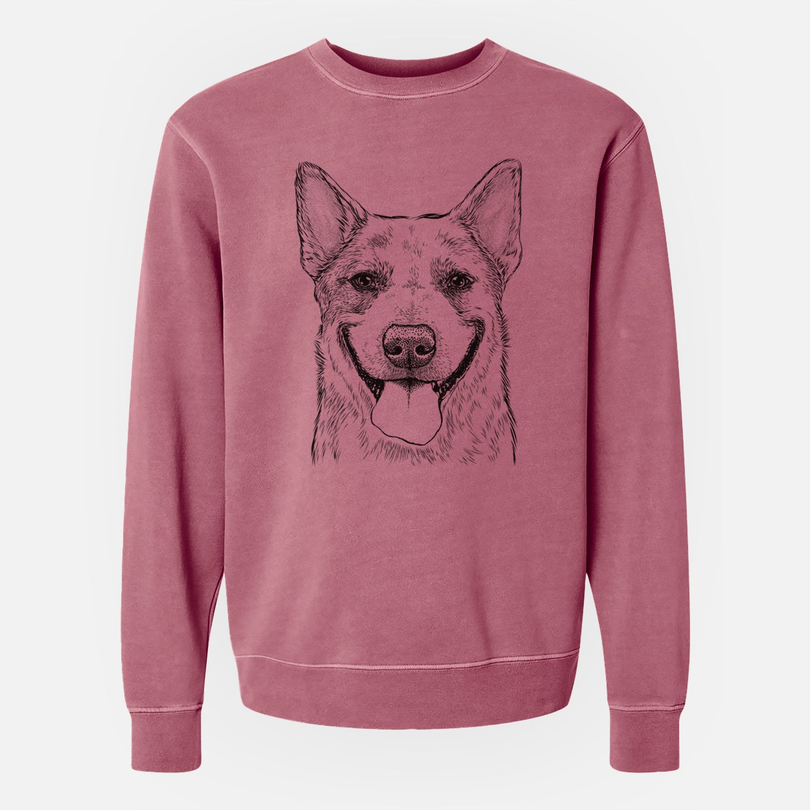 Hand-drawn sketch of Rio the Australian Cattle Dog on a Maroon Unisex pigment dyed crew sweatshirt