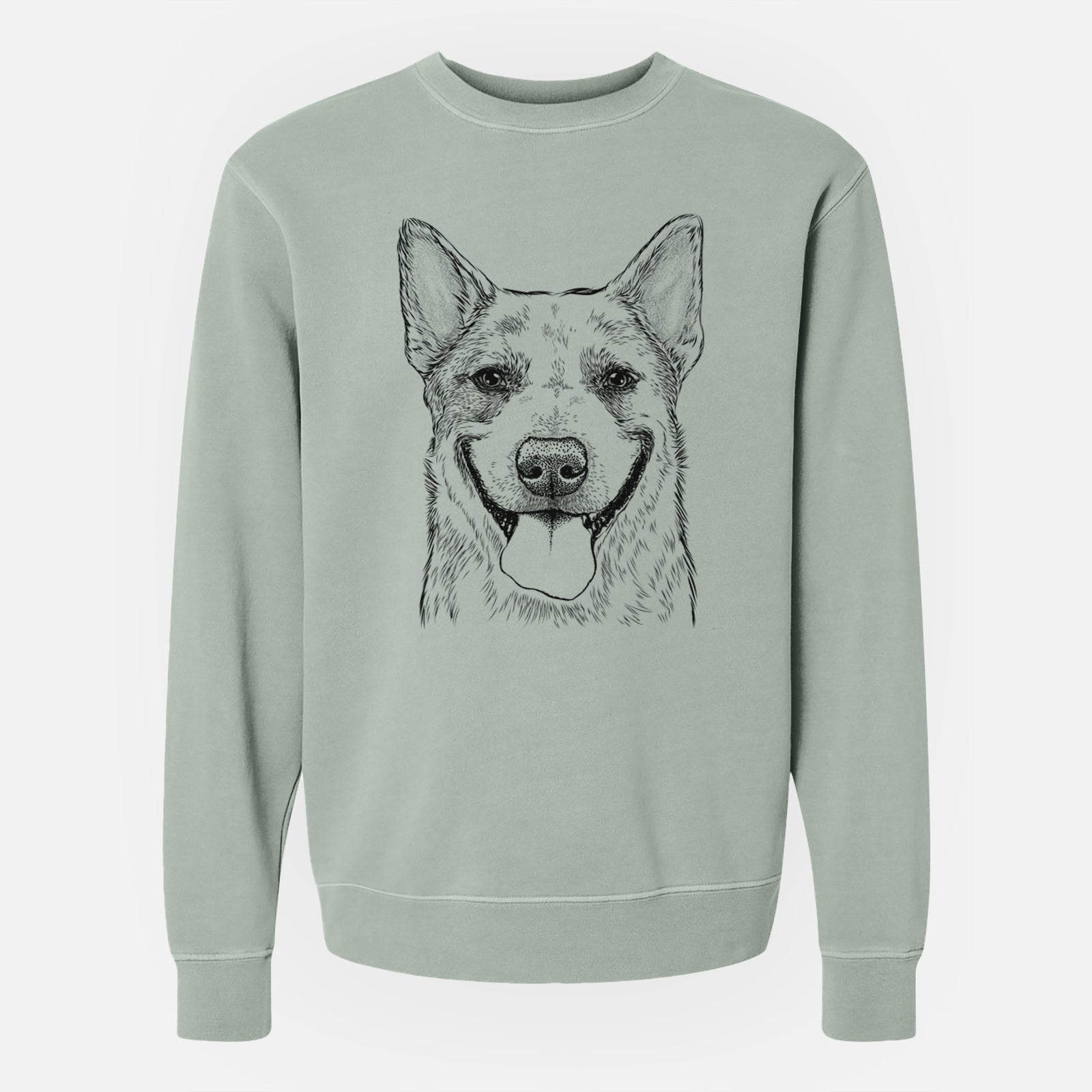 Hand-drawn sketch of Rio the Australian Cattle Dog on a Sage Unisex pigment dyed crew sweatshirt