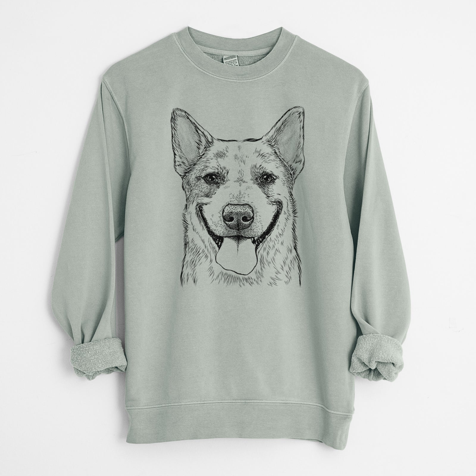Hand-drawn sketch of Rio the Australian Cattle Dog on a Sage Unisex pigment dyed crew sweatshirt