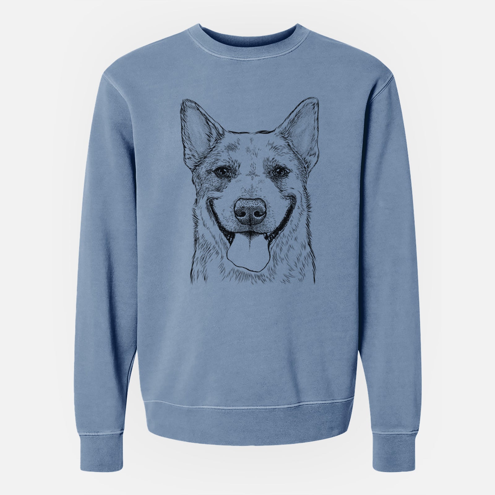 Hand-drawn sketch of Rio the Australian Cattle Dog on a Slate Blue Unisex pigment dyed crew sweatshirt