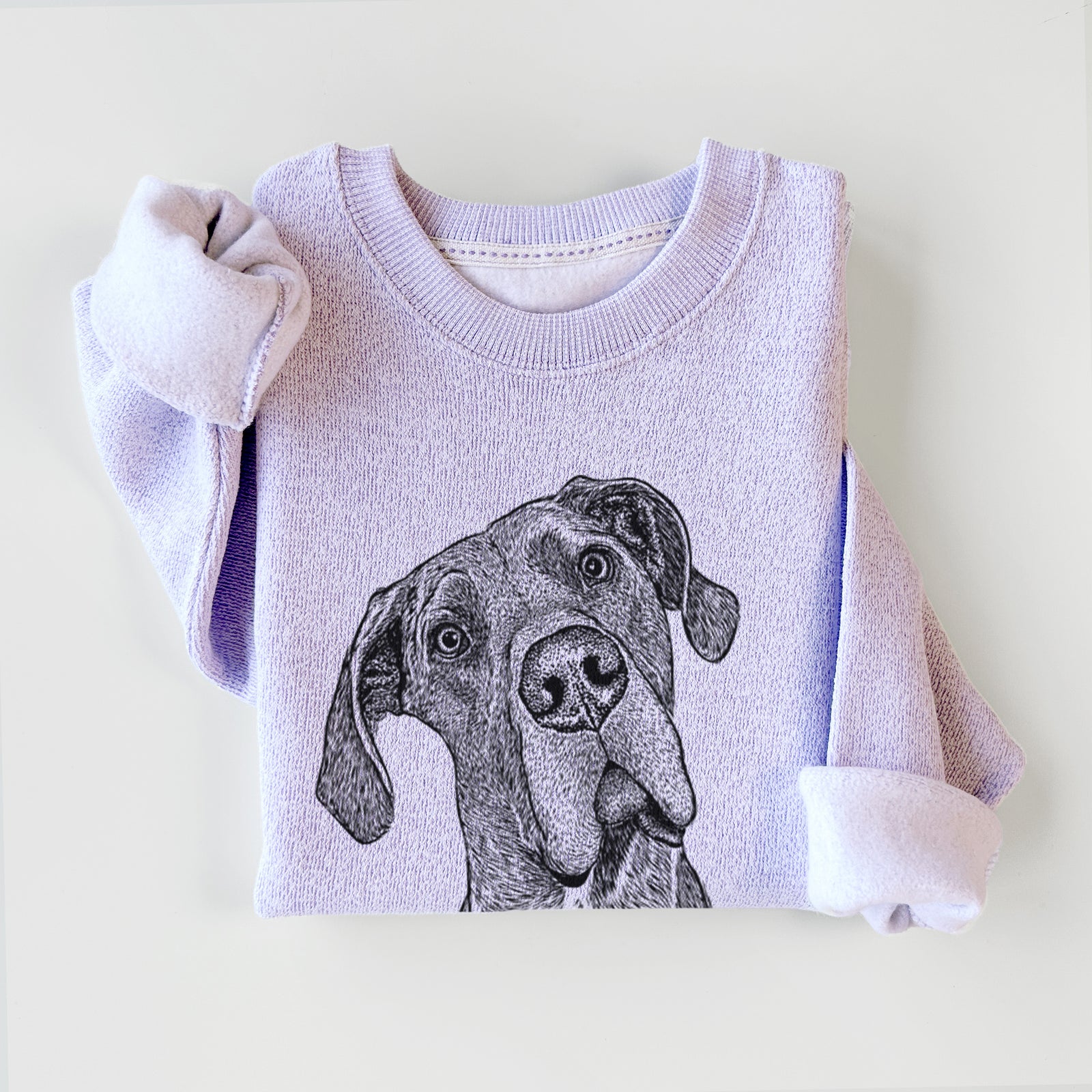 Hand-drawn sketch of River the Great Dane on an Ice Purple knit sweatshirt