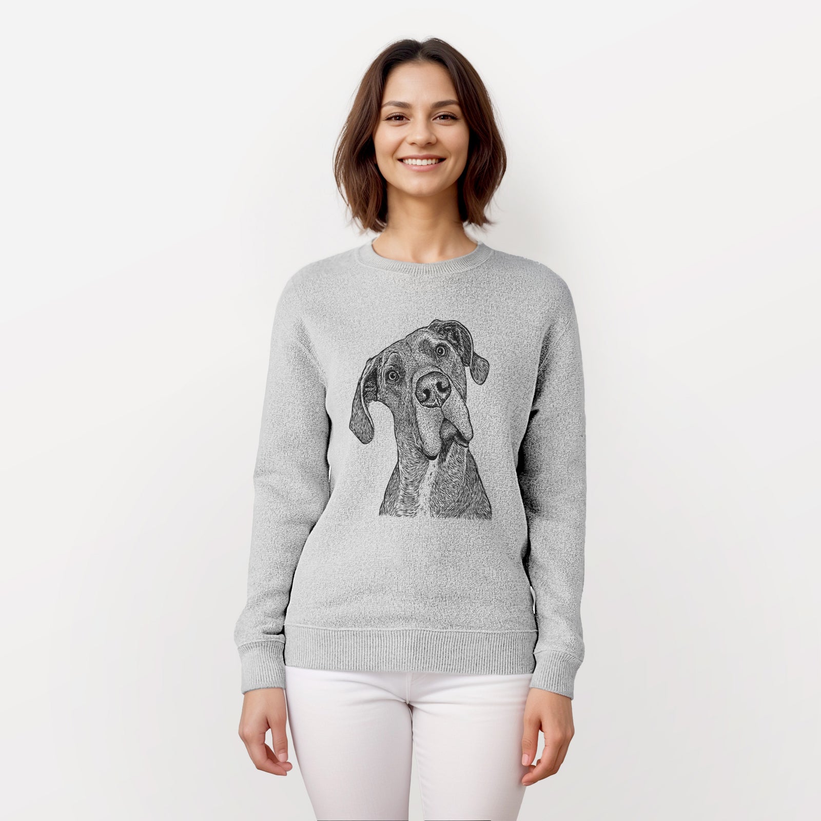Hand-drawn sketch of River the Great Dane on a knit sweatshirt, worn by a woman