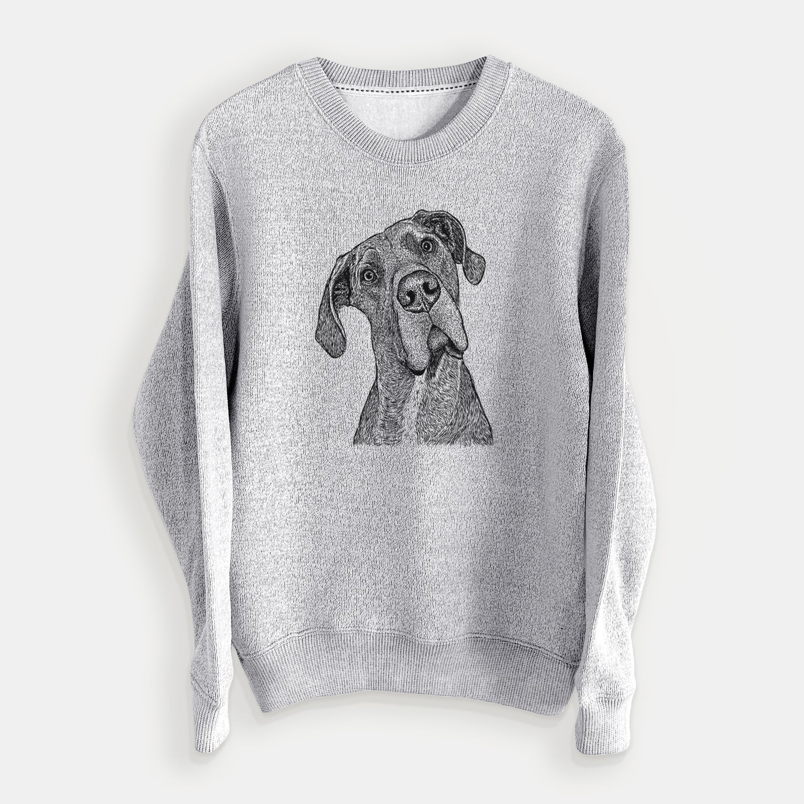 Hand-drawn sketch of River the Great Dane on a Salt Pepper knit sweatshirt