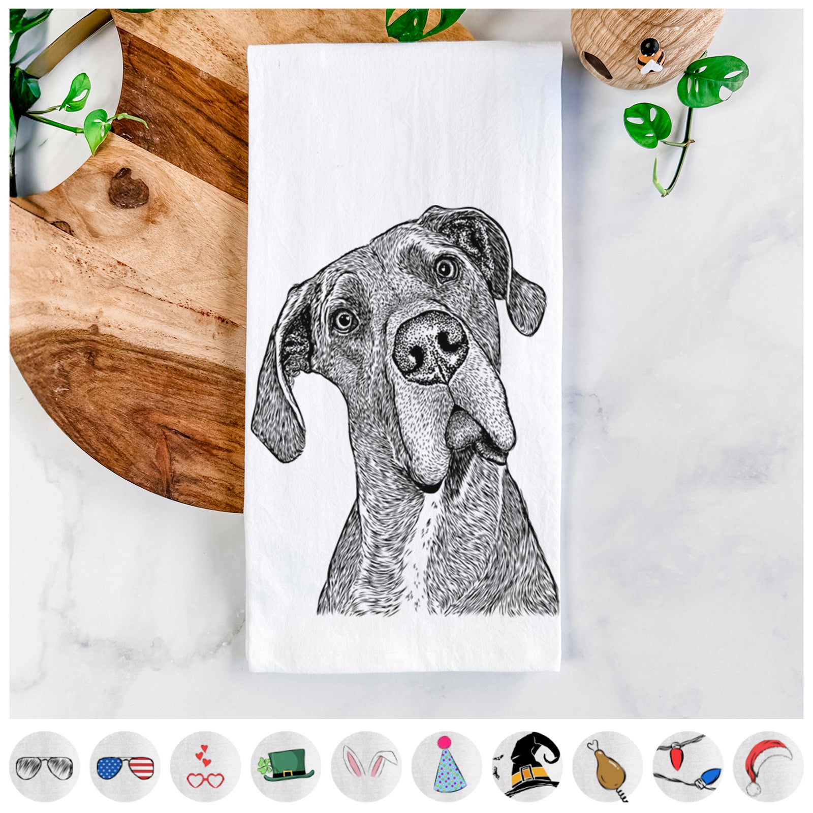 Hand-drawn sketch of River the Great Dane on a tea towel, shown with icons of the other available costume styles