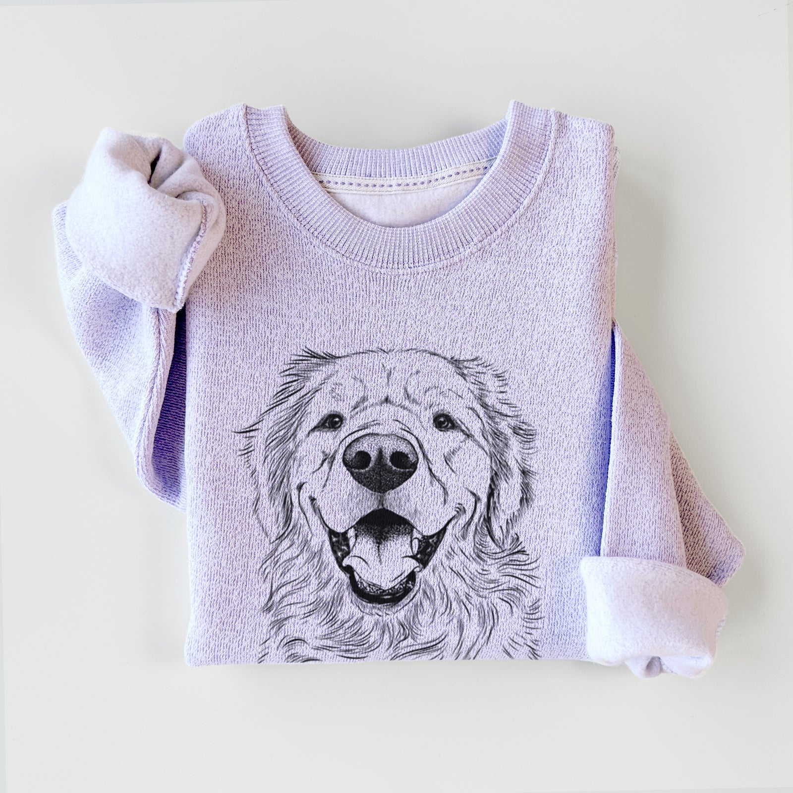 Hand-drawn sketch of Roger the Golden Retriever on an Ice Purple knit sweatshirt