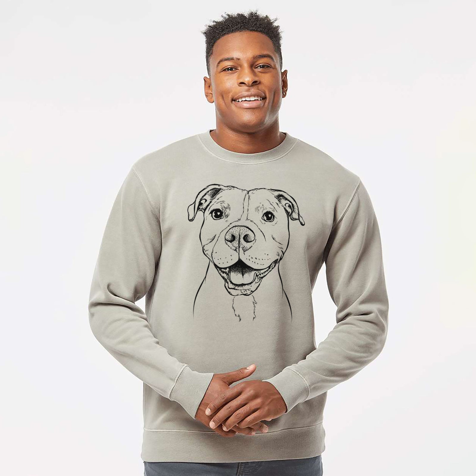 Hand-drawn sketch of Roscoe the Pitbull on a Cement Unisex pigment dyed crew sweatshirt