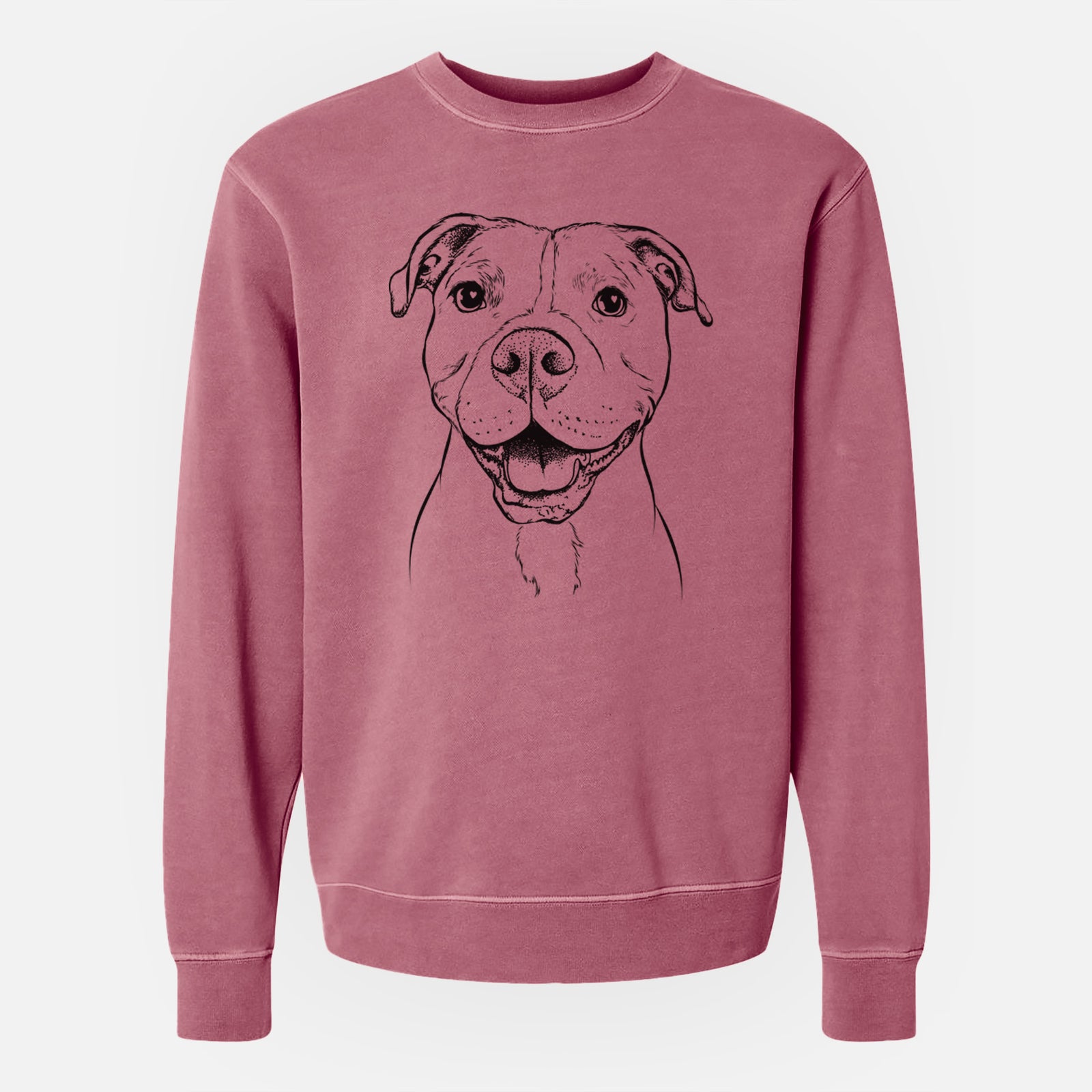 Hand-drawn sketch of Roscoe the Pitbull on a Maroon Unisex pigment dyed crew sweatshirt