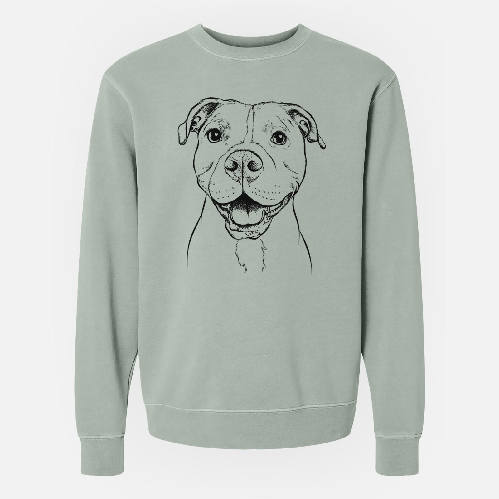 Hand-drawn sketch of Roscoe the Pitbull on a Sage Unisex pigment dyed crew sweatshirt