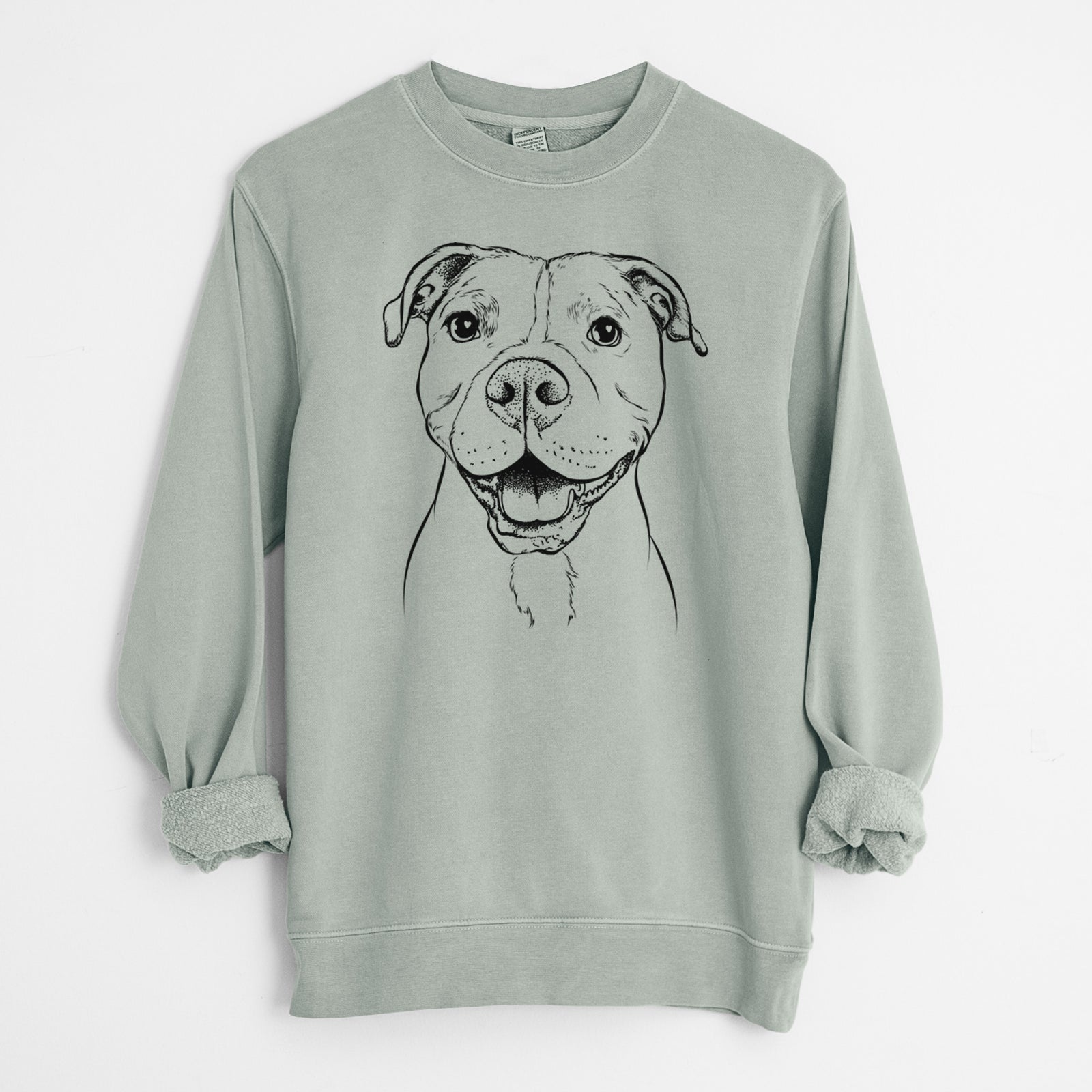 Hand-drawn sketch of Roscoe the Pitbull on a Sage Unisex pigment dyed crew sweatshirt