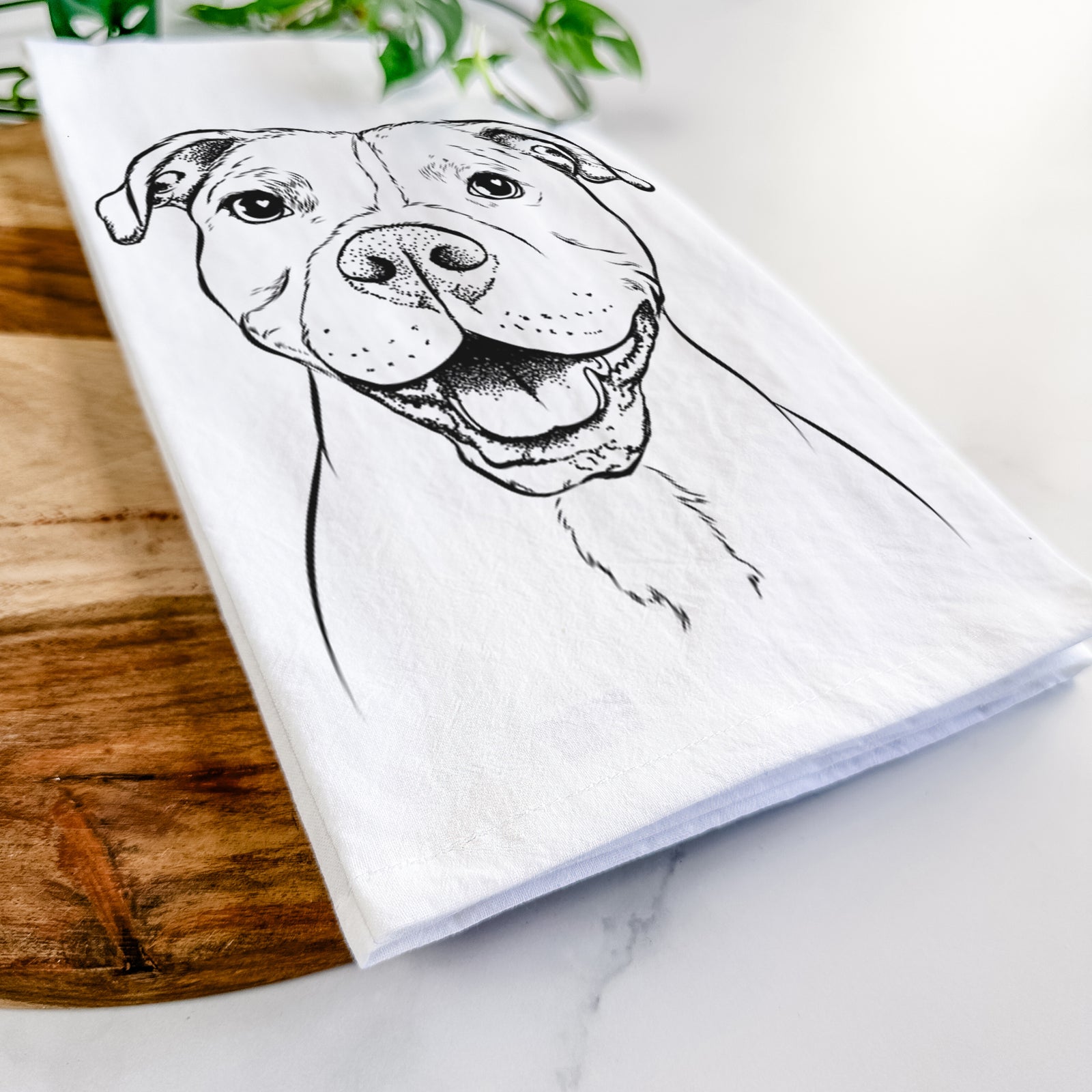 Hand-drawn sketch of Roscoe the Pitbull on a tea towel