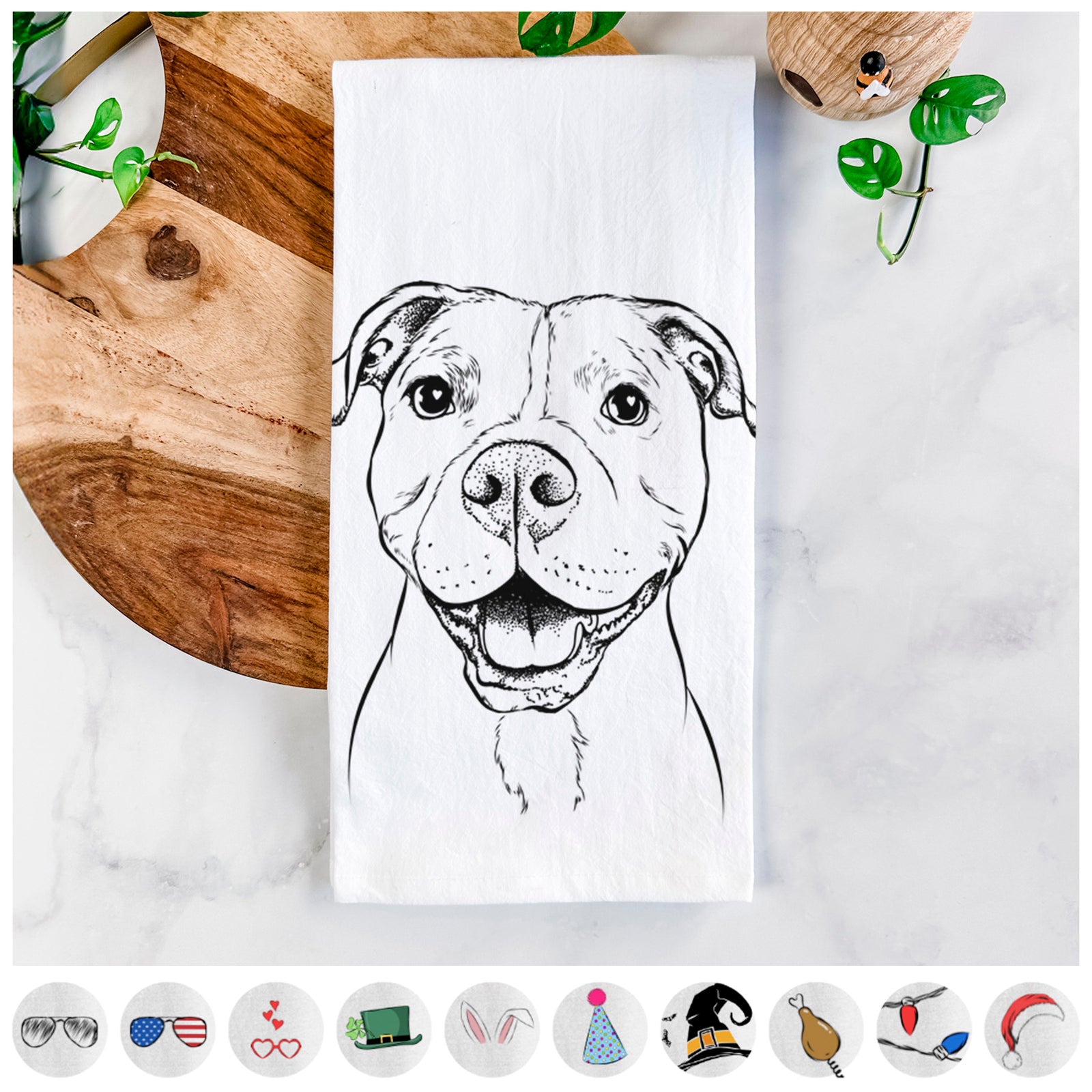 Hand-drawn sketch of Roscoe the Pitbull on a tea towel, shown with icons of the other available costume styles