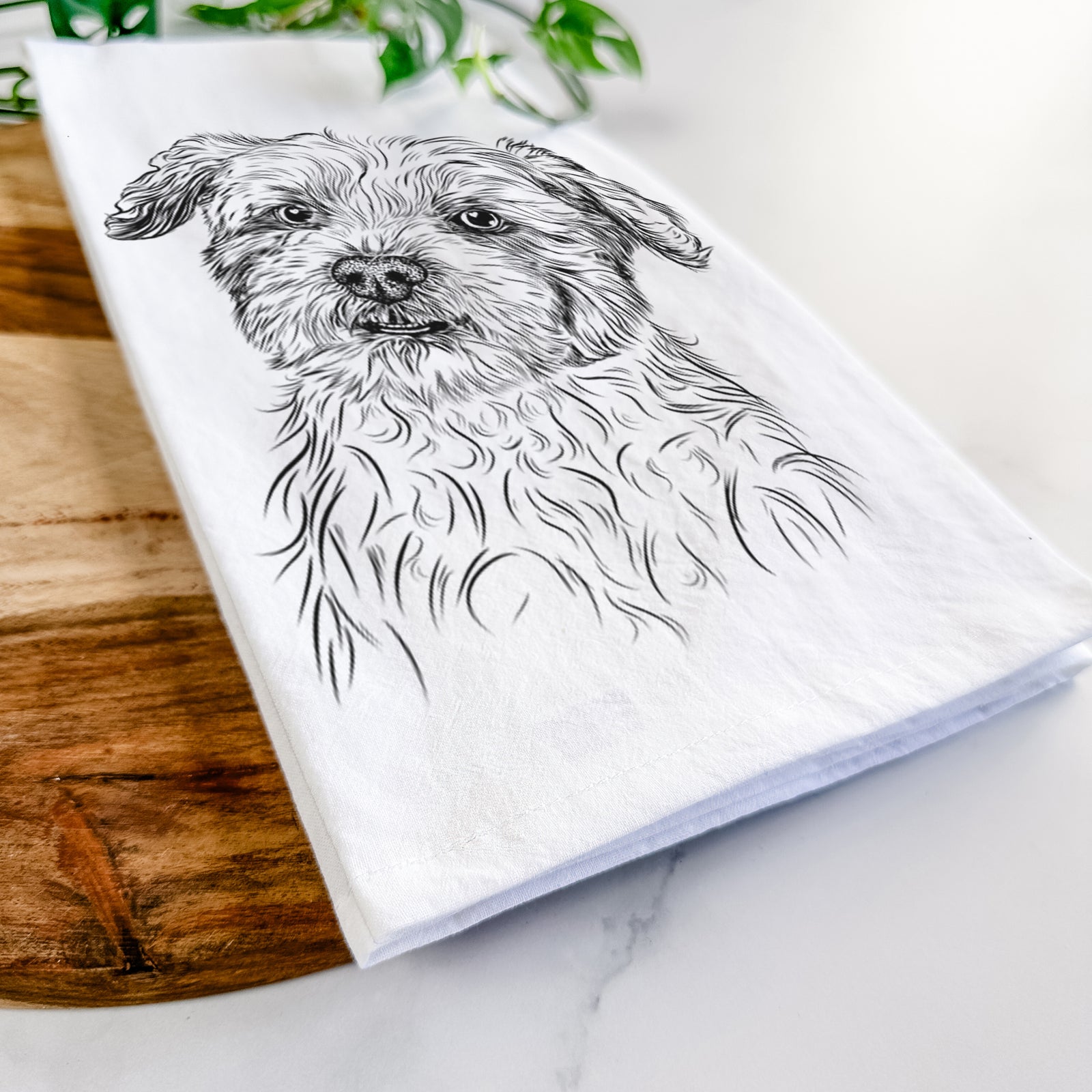 Hand-drawn sketch of Roxie the Schnauzer Shih Tzu Mix on a tea towel